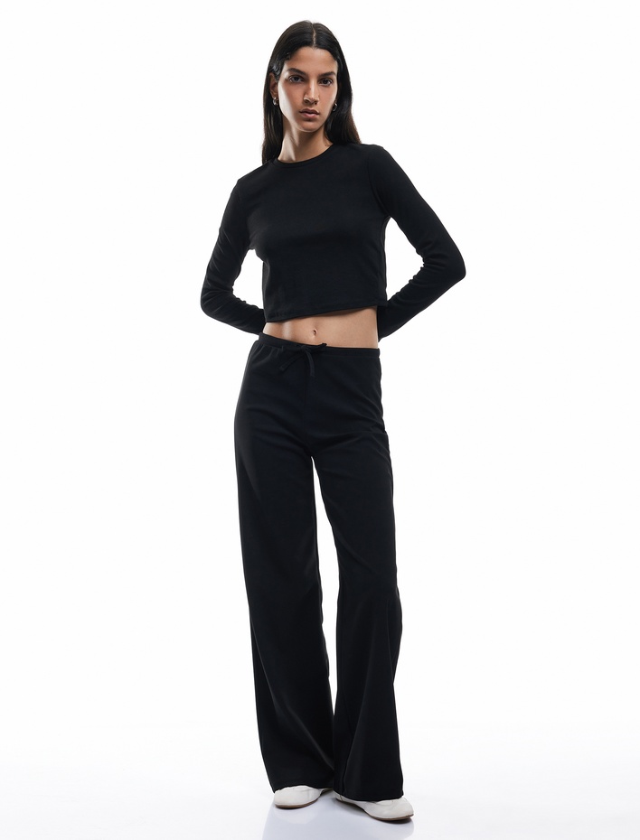  Beli Bağcıklı Yüksek Bel Geniş Paça Scuba Pantolon