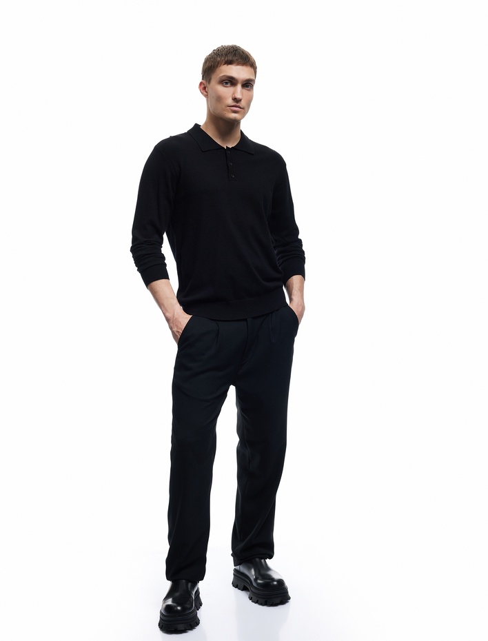  Uzun Kollu Düğmeli Polo Yaka Triko Kazak