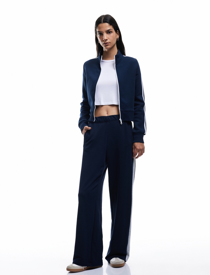  Şardonlu Uzun Kollu Dar Kesim Dik Yaka Fermuarlı Çizgili Sweatshirt