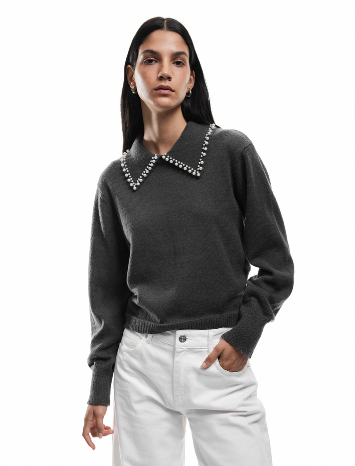  İnci Detaylı Bebe Yaka Uzun Kollu Triko Kazak