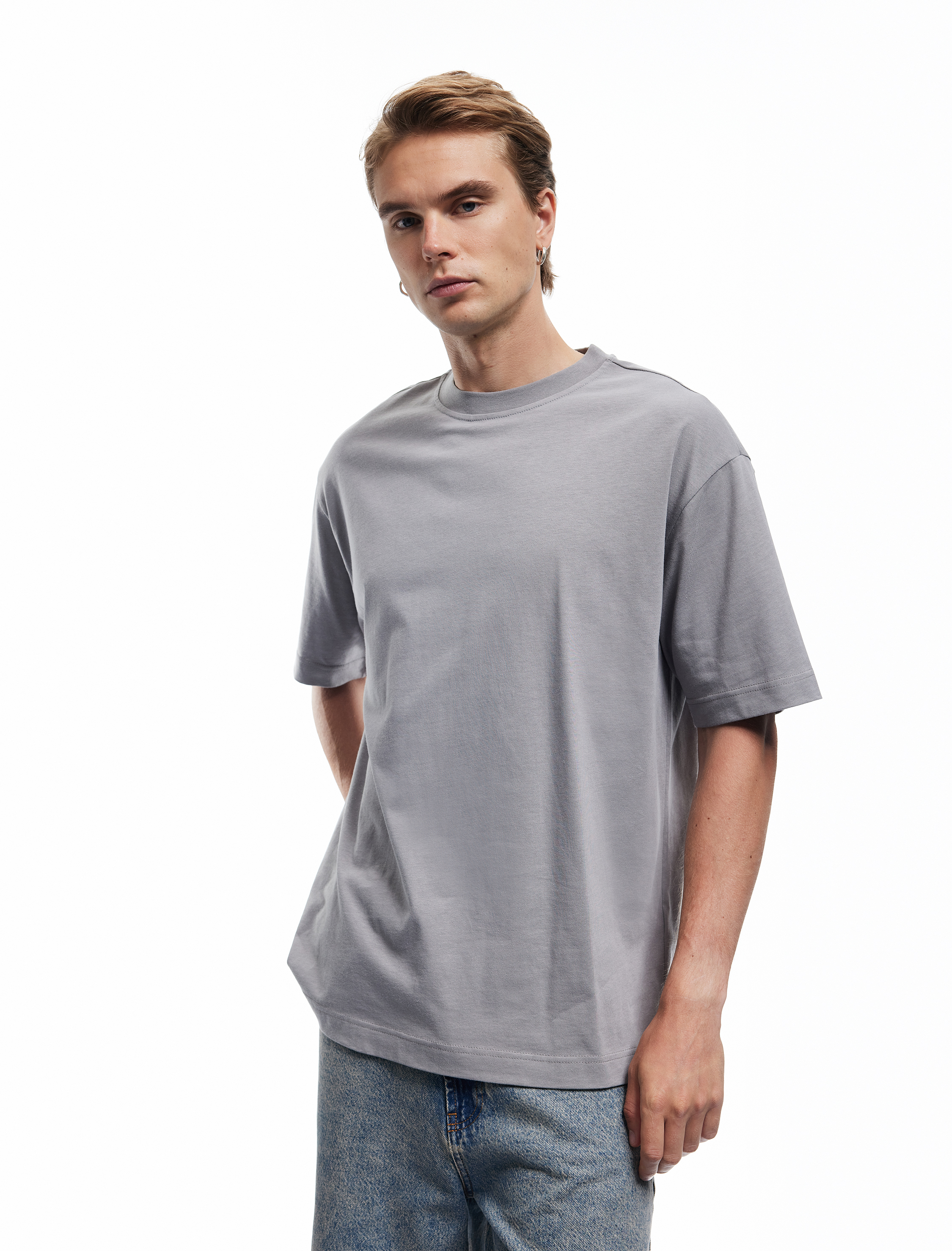   Kısa Kollu Bisiklet Yaka Pamuklu Basic Oversize Tişört