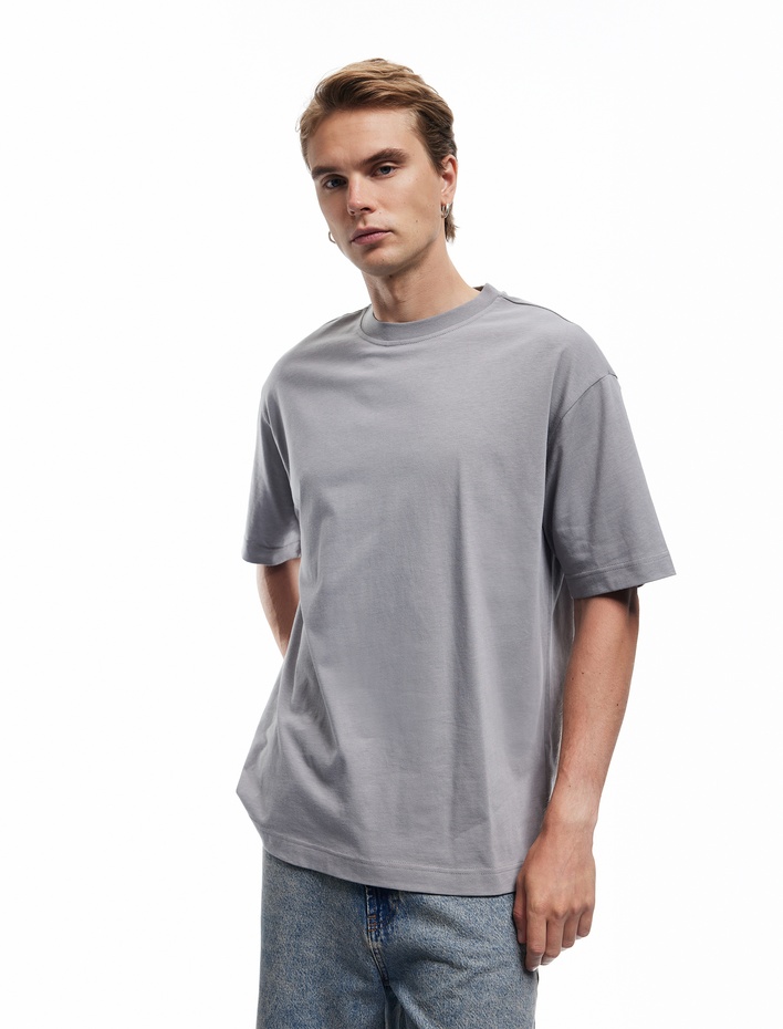  Kısa Kollu Bisiklet Yaka Pamuklu Basic Oversize Tişört