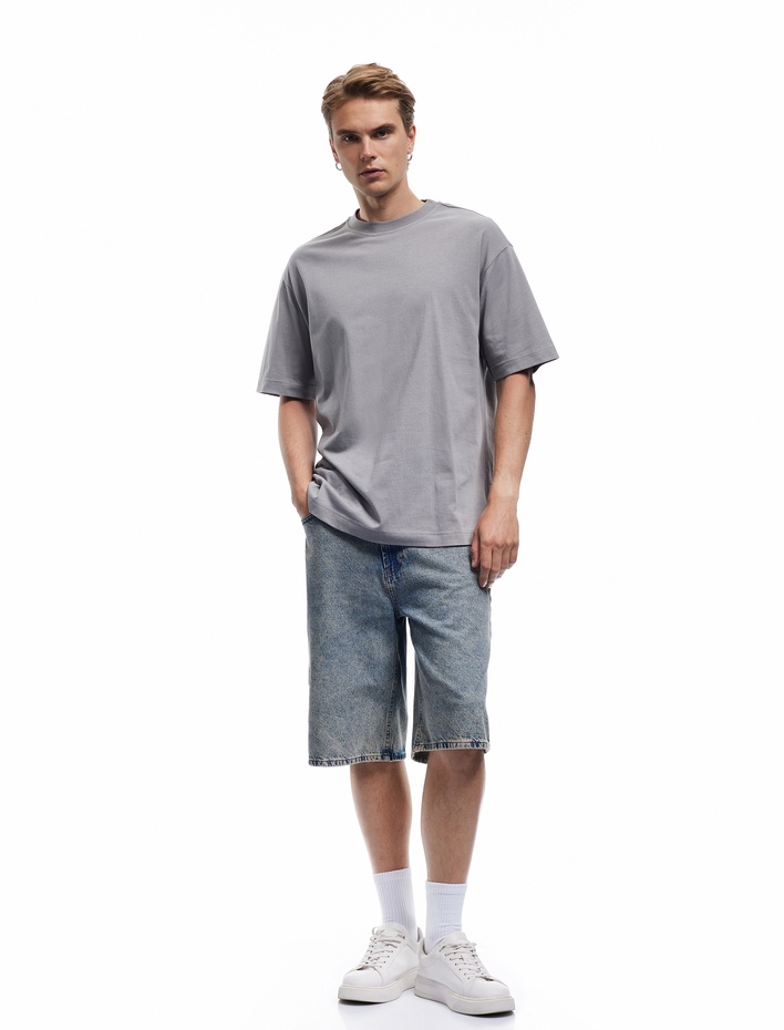  Kısa Kollu Bisiklet Yaka Pamuklu Basic Oversize Tişört