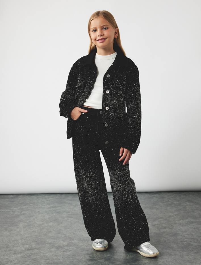 Kız Çocuk Pamuklu Cepli Geniş Paça  Denim Pantolon