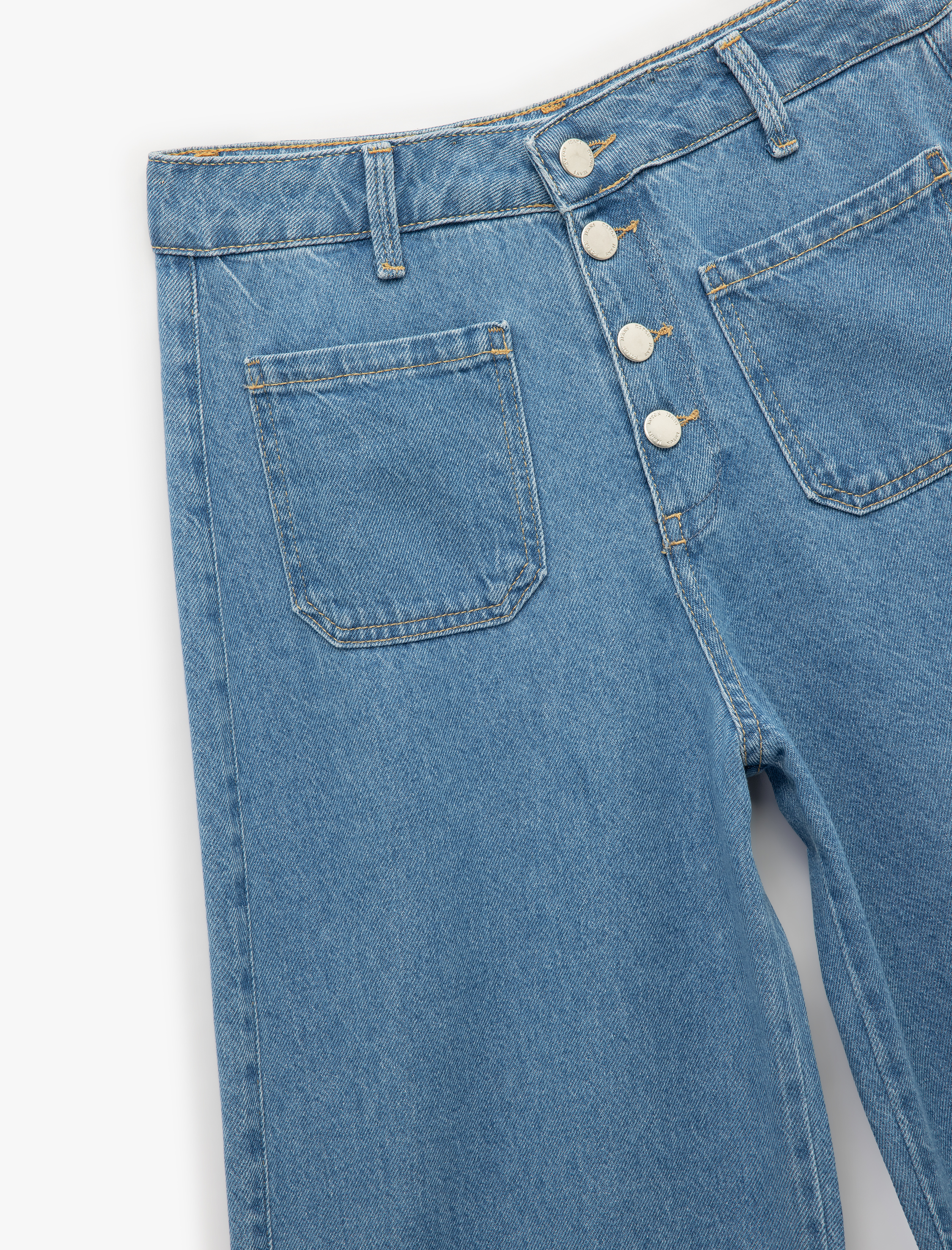   Normal Paça Düğmeli Yüksek Bel Pamuklu Geniş Paça Crop Jean Pantolon - Wide Leg Jeans