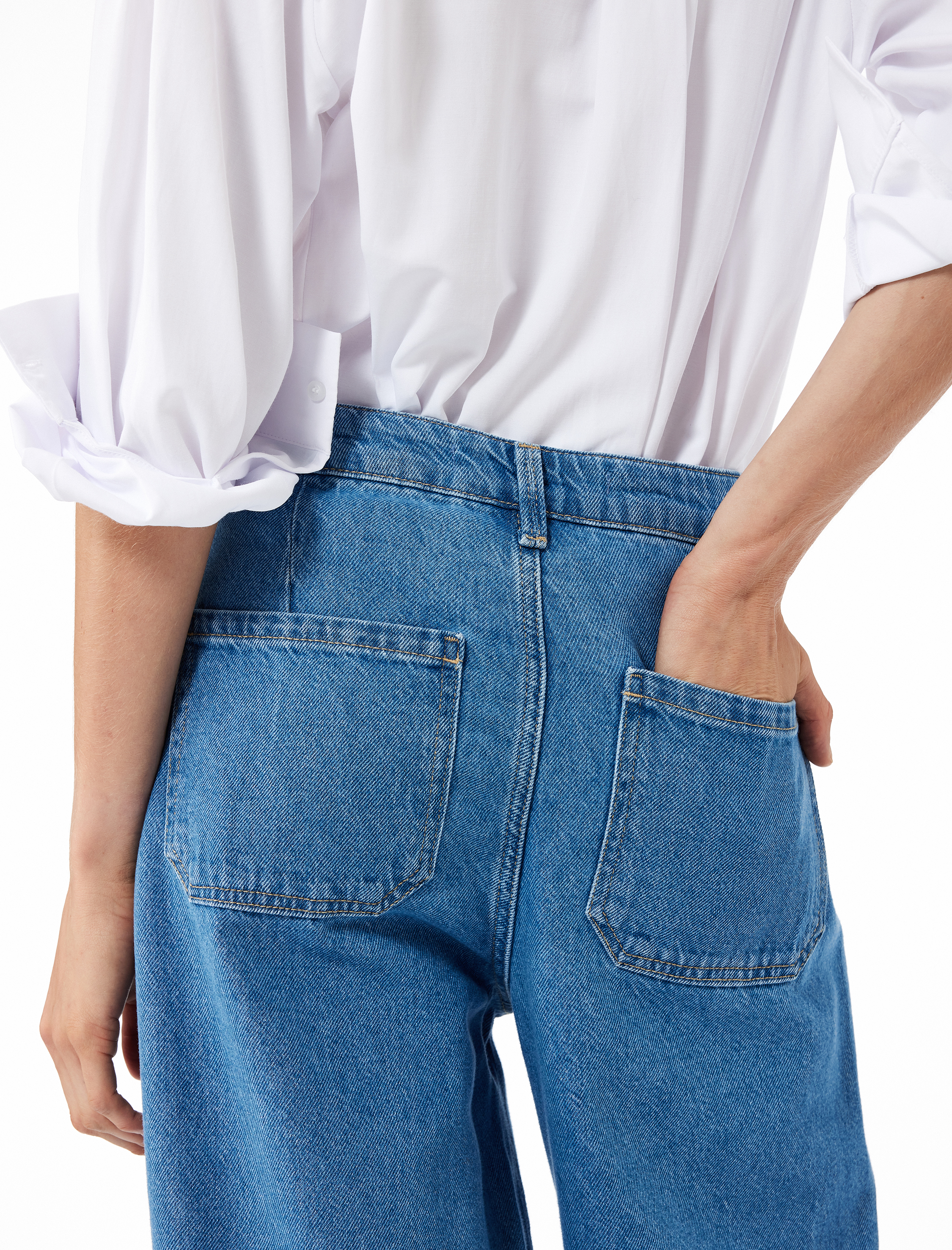   Normal Paça Düğmeli Yüksek Bel Pamuklu Geniş Paça Crop Jean Pantolon - Wide Leg Jeans