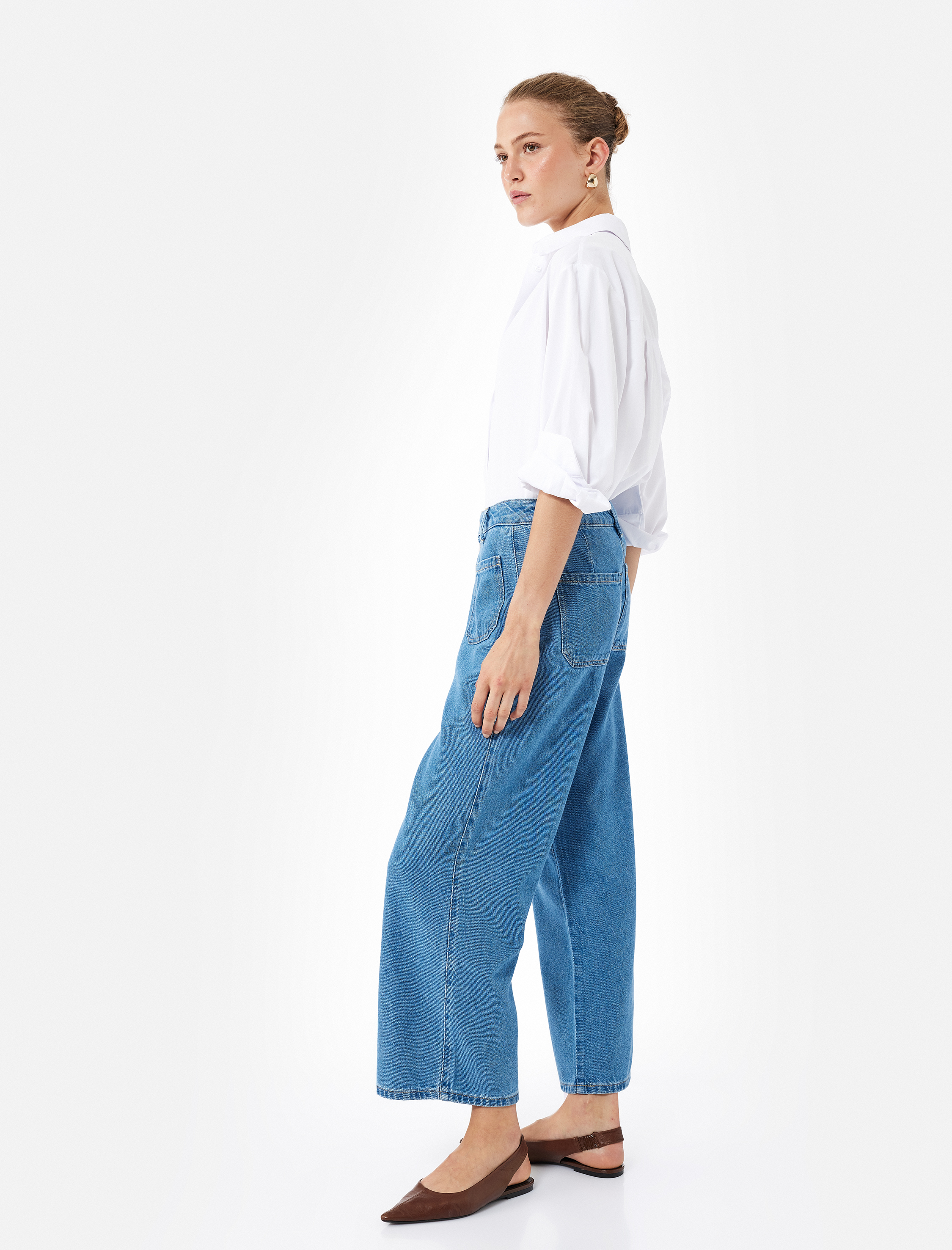   Normal Paça Düğmeli Yüksek Bel Pamuklu Geniş Paça Crop Jean Pantolon - Wide Leg Jeans