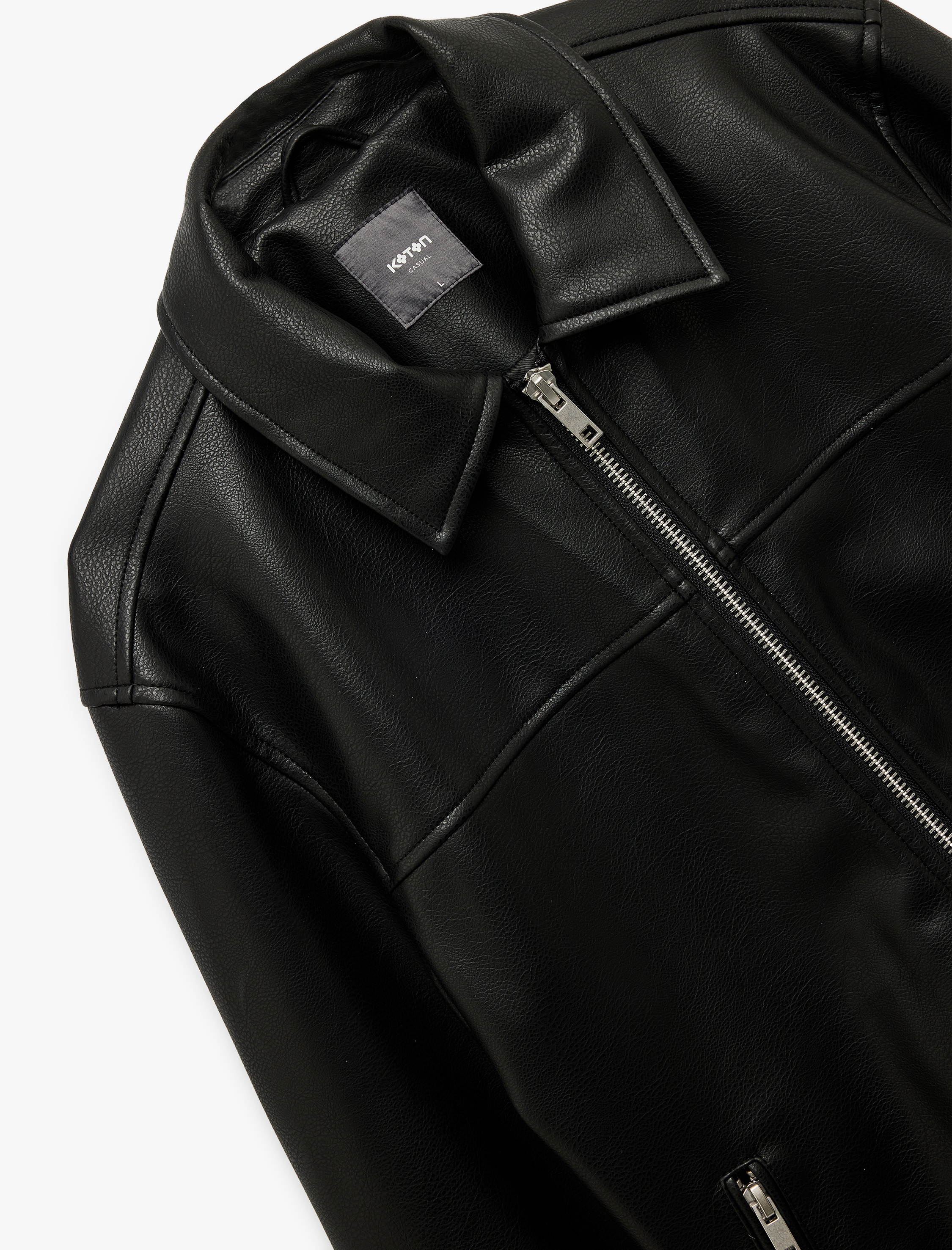   Uzun Kollu Fermuarlı Cep Detaylı Gömlek Yaka Suni Deri Ceket