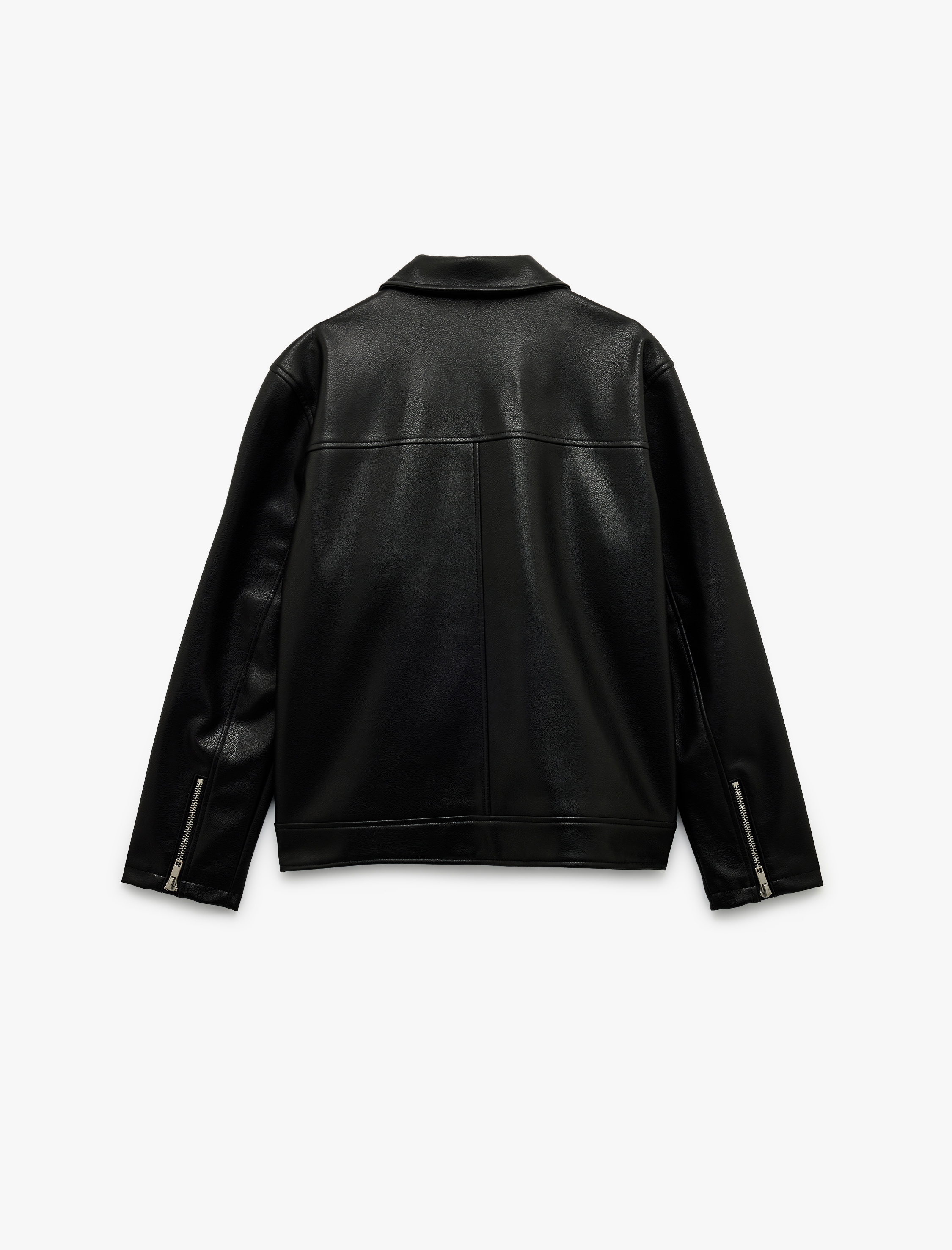   Uzun Kollu Fermuarlı Cep Detaylı Gömlek Yaka Suni Deri Ceket