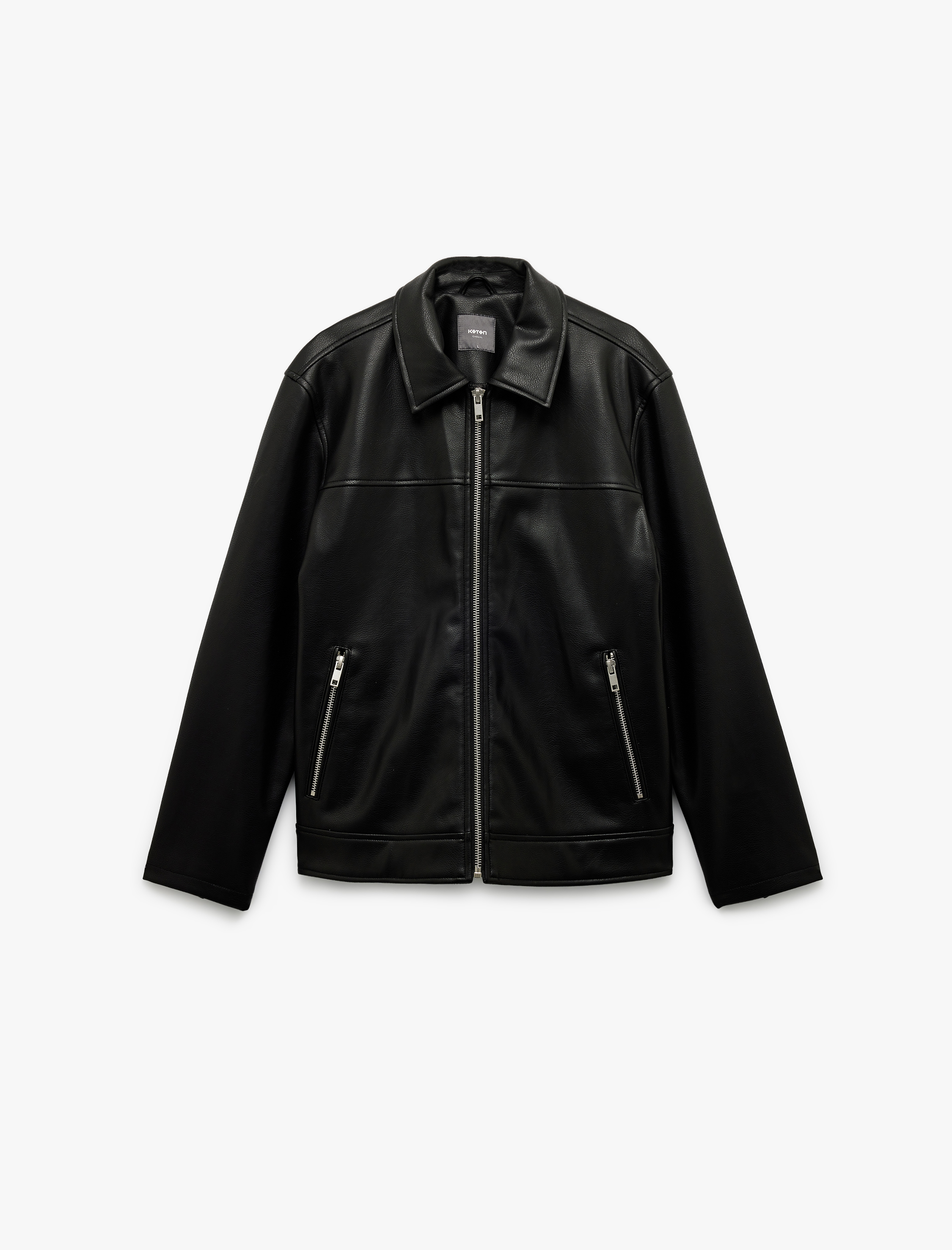   Uzun Kollu Fermuarlı Cep Detaylı Gömlek Yaka Suni Deri Ceket