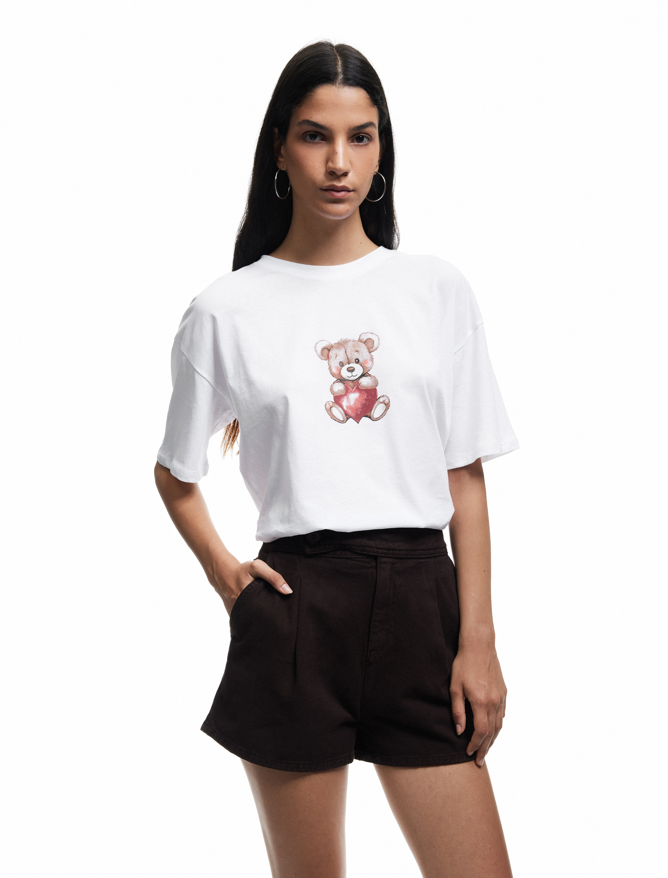 Kısa Kollu Bisiklet Yaka Pamuklu Ayıcık Baskılı Oversize Tişört