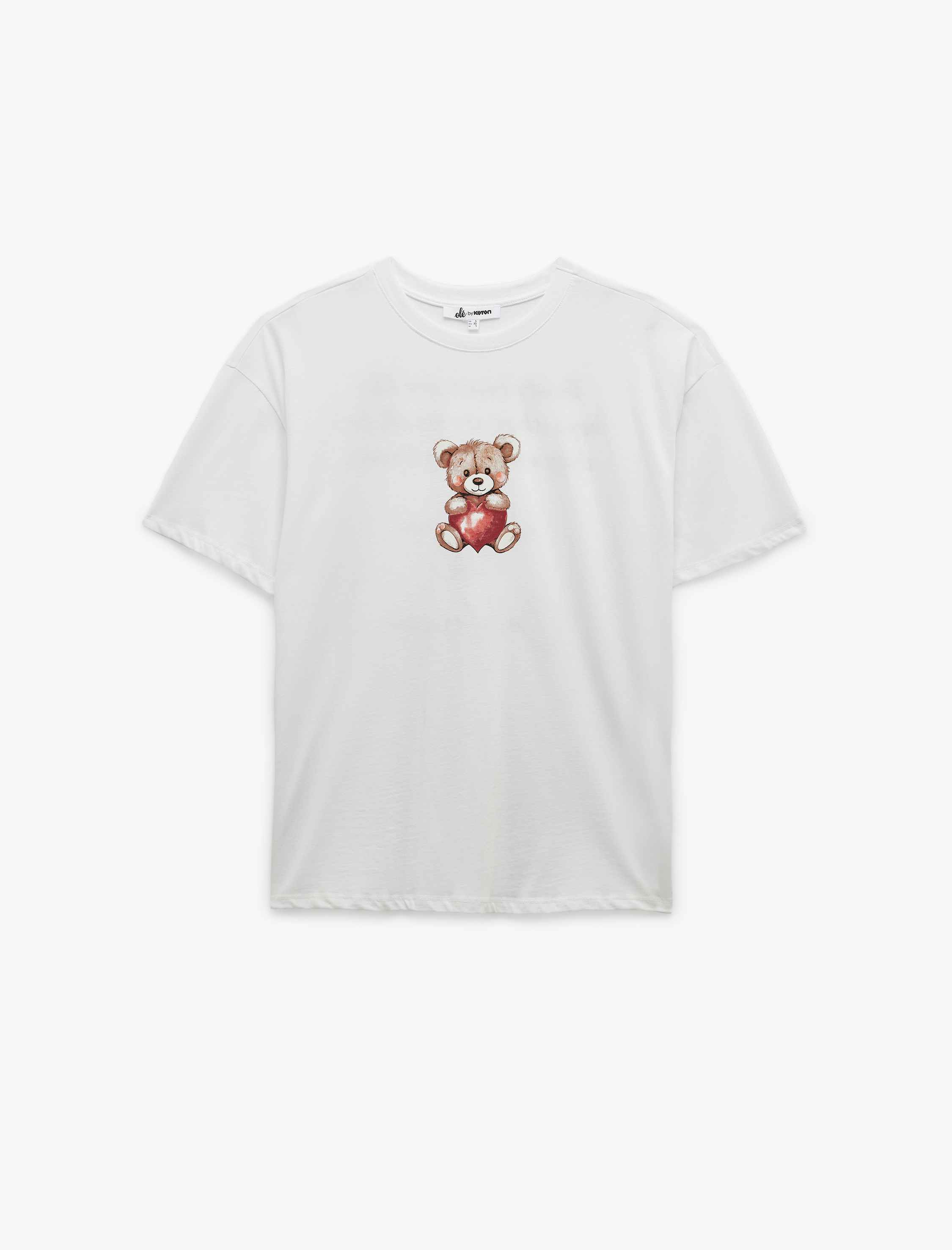 Kısa Kollu Bisiklet Yaka Pamuklu Ayıcık Baskılı Oversize Tişört