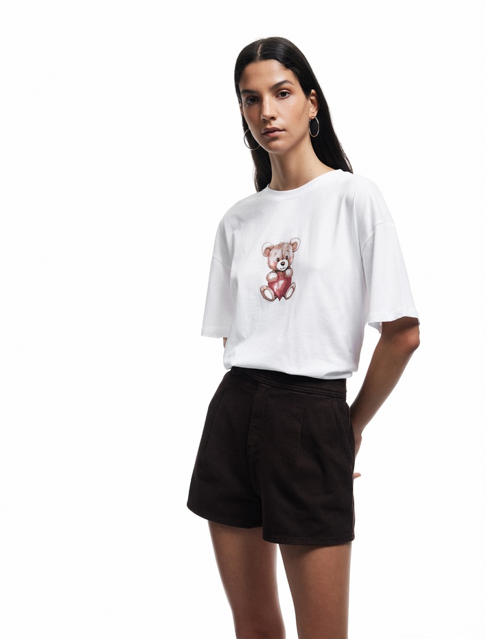  Kısa Kollu Bisiklet Yaka Pamuklu Ayıcık Baskılı Oversize Tişört