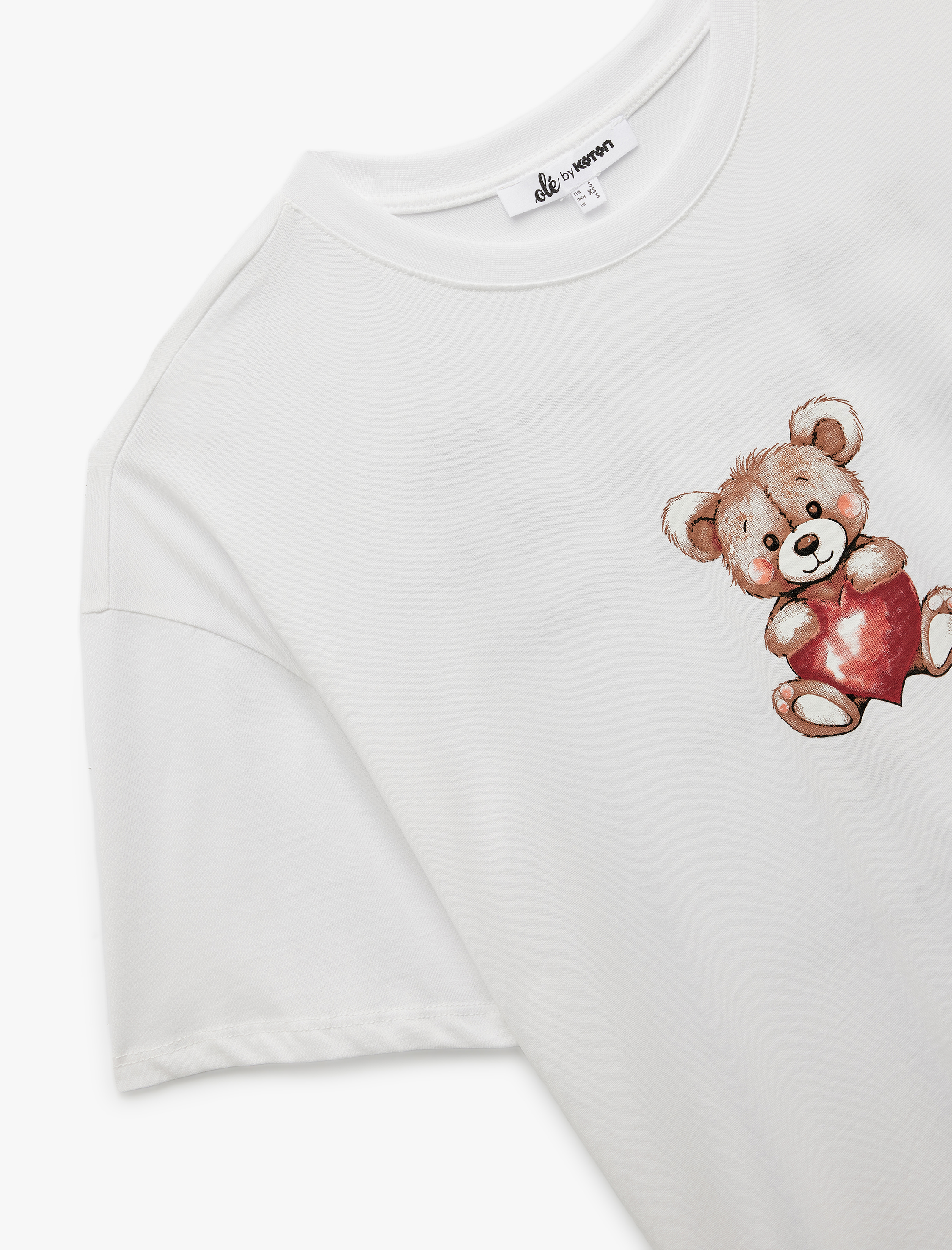 Kısa Kollu Bisiklet Yaka Pamuklu Ayıcık Baskılı Oversize Tişört