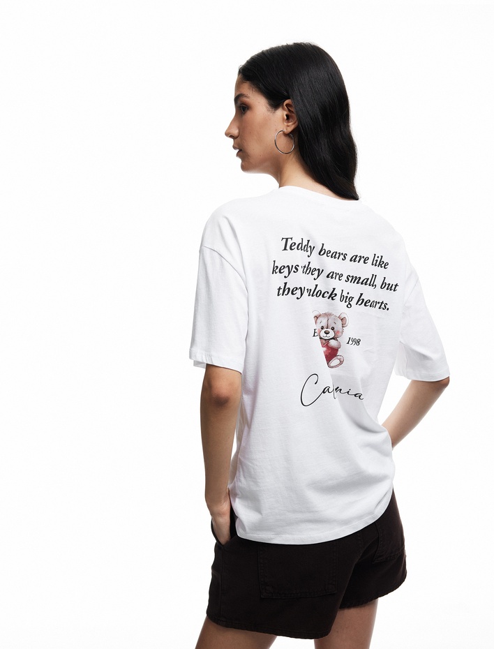  Kısa Kollu Bisiklet Yaka Pamuklu Ayıcık Baskılı Oversize Tişört