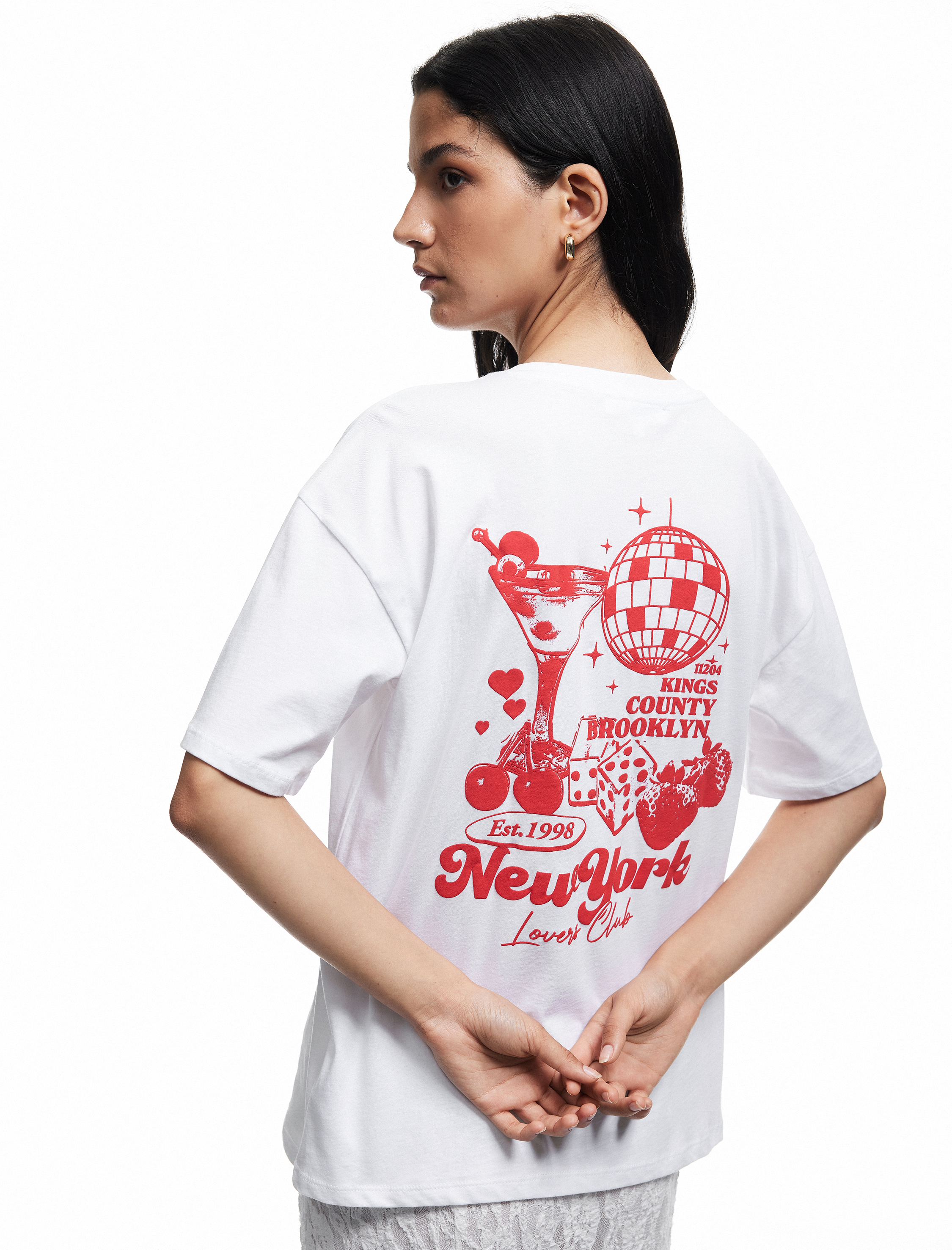   Kısa Kollu Bisiklet Yaka Pamuklu Arkası Çilek Baskılı Oversize Tişört