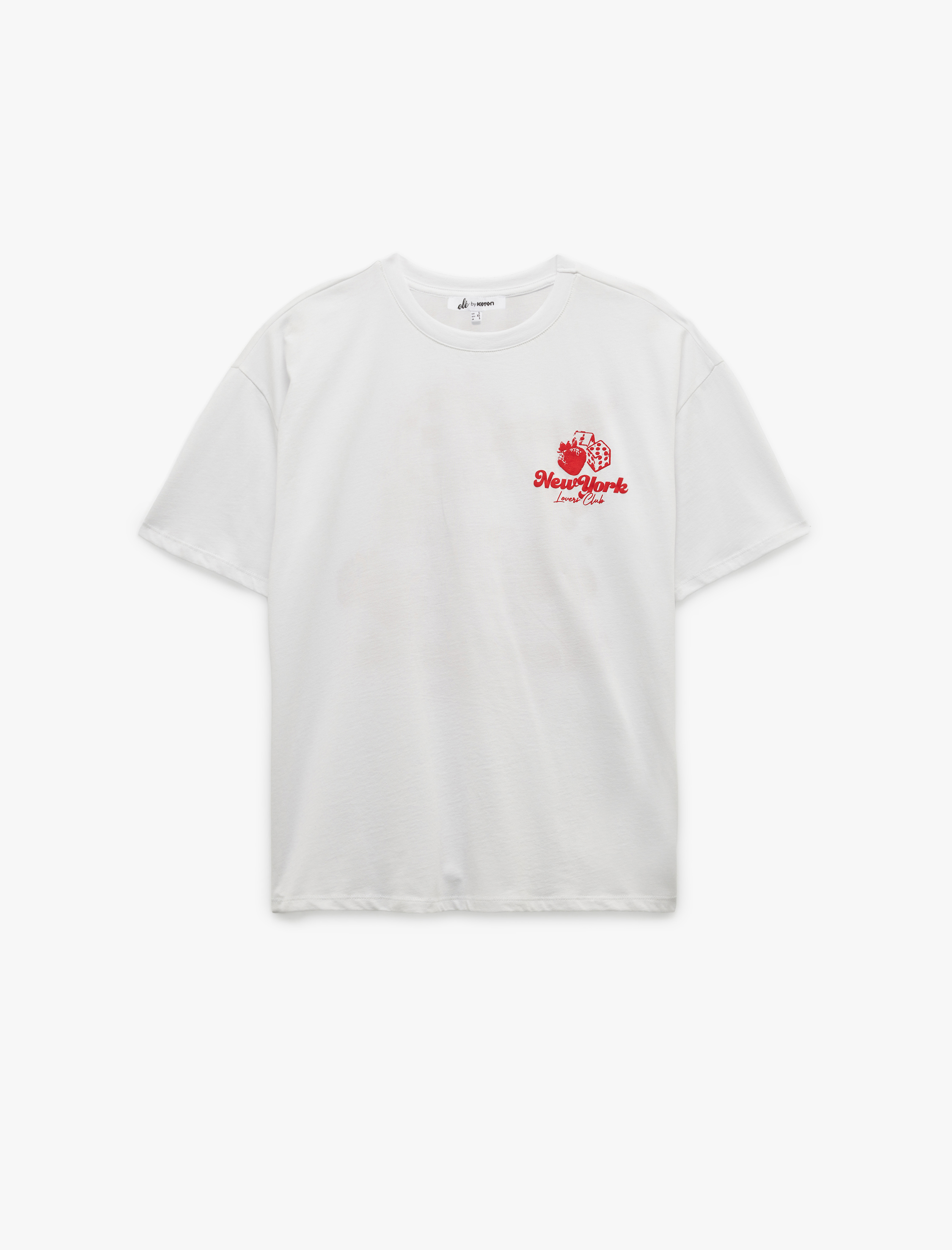   Kısa Kollu Bisiklet Yaka Pamuklu Arkası Çilek Baskılı Oversize Tişört