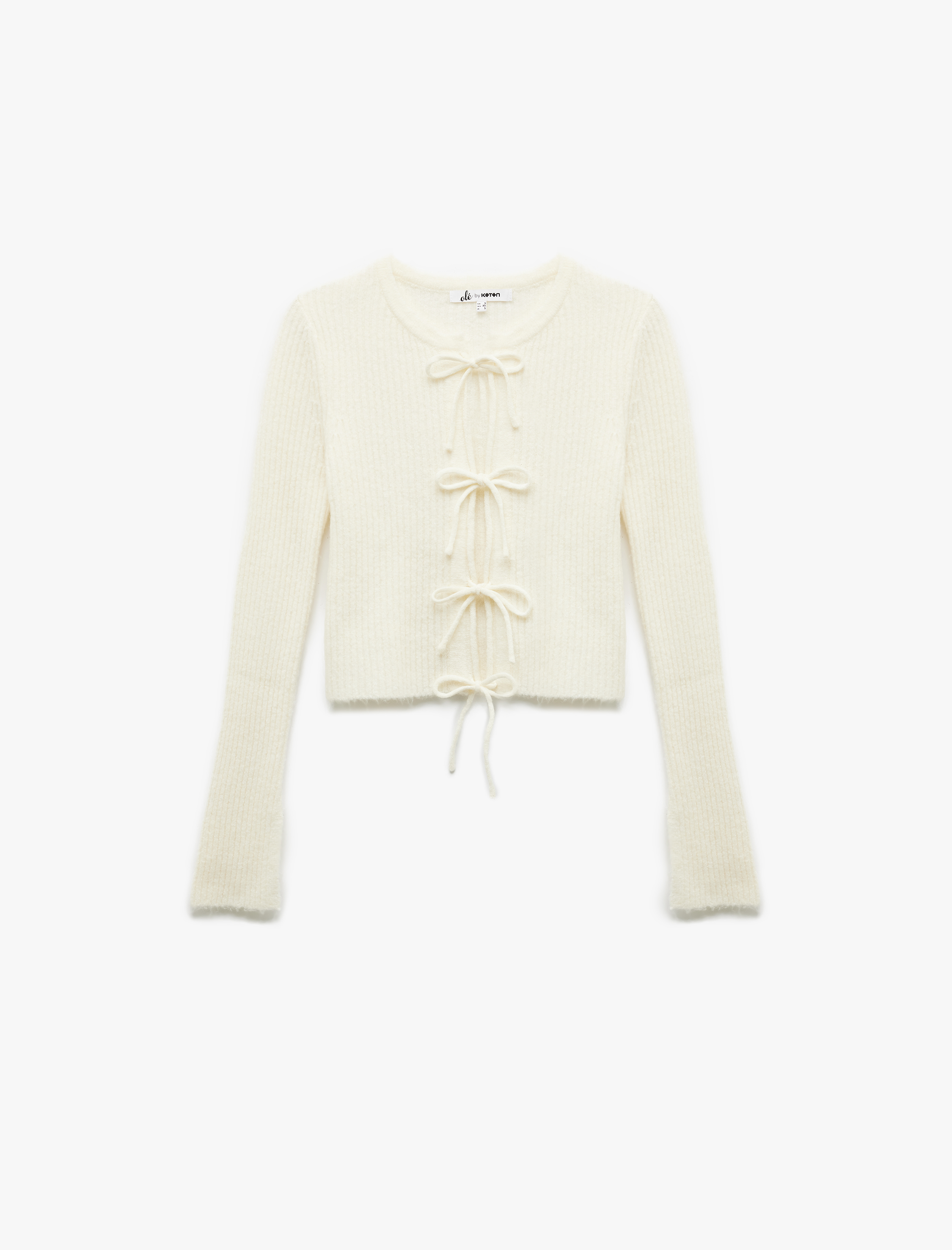   Uzun Kollu Bisiklet Yaka Bağcıklı Fiyonklu Crop Hırka