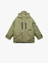 Uzun Kollu Fermuarlı Cepli Kapşonlu Mont