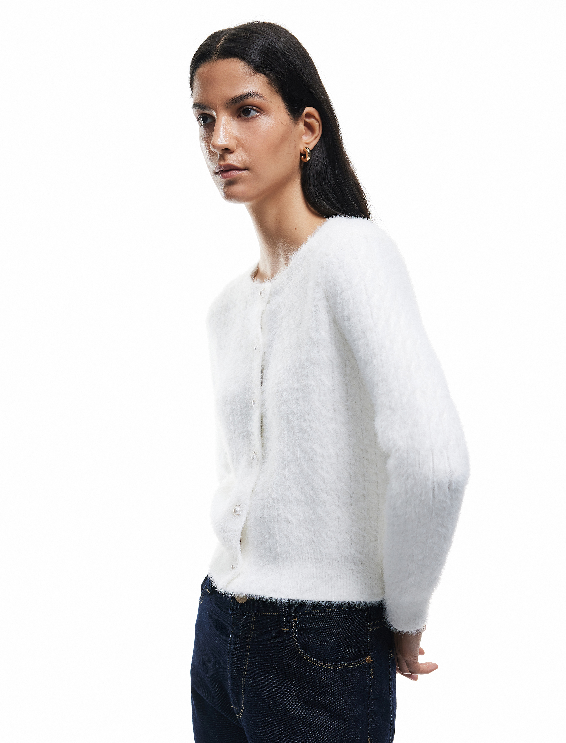   Düğmeli Uzun Kollu Viskon Karışımlı Örgü Dokulu Bisiklet Yaka Hırka