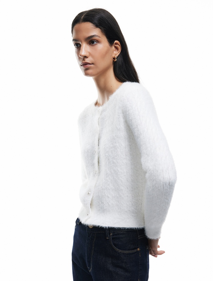  Düğmeli Uzun Kollu Viskon Karışımlı Örgü Dokulu Bisiklet Yaka Hırka