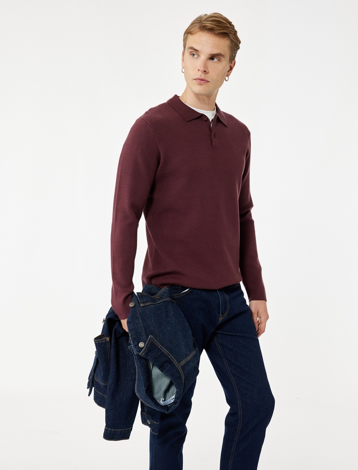  Uzun Kollu Düğmeli Polo Yaka Triko Kazak