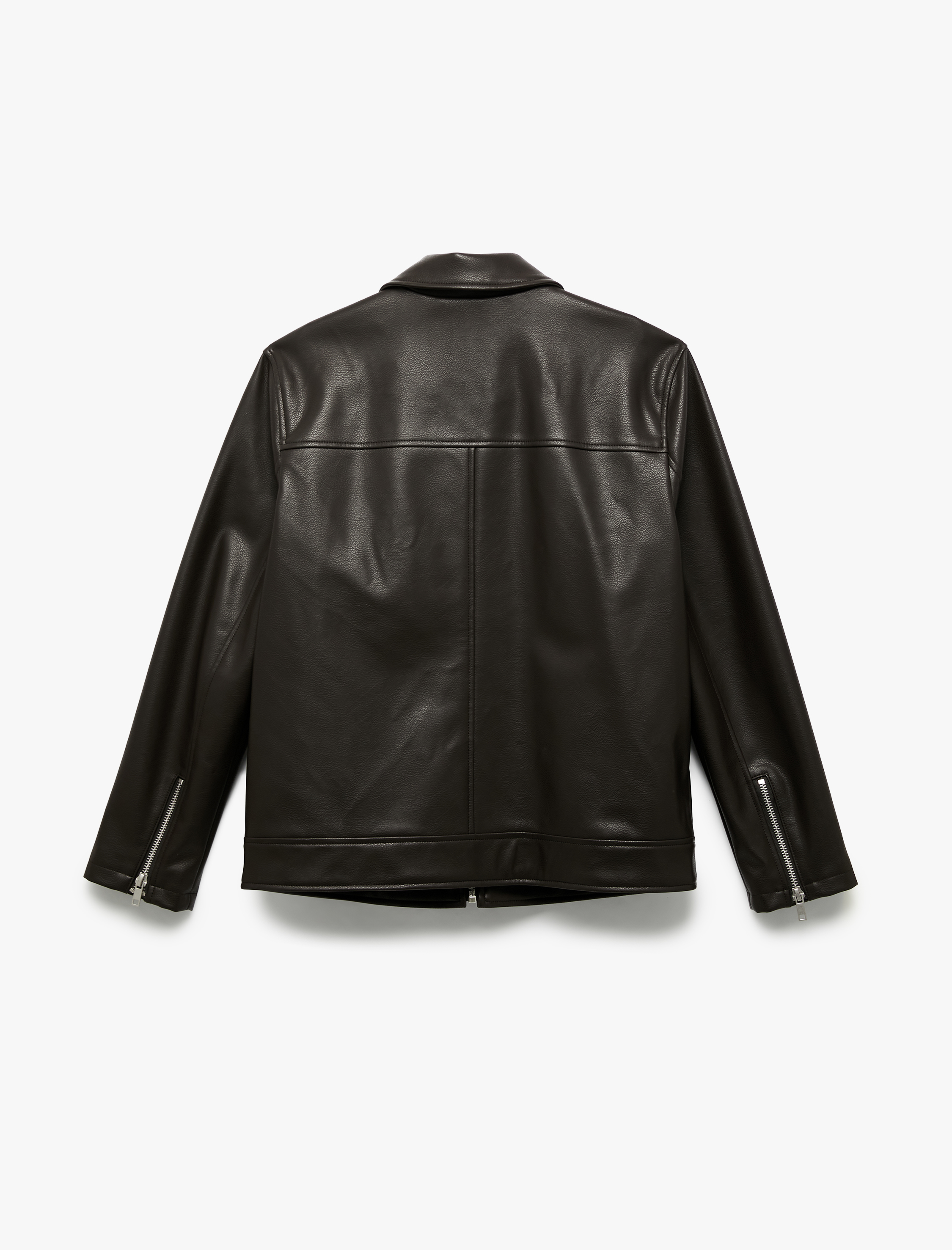   Uzun Kollu Fermuarlı Cep Detaylı Gömlek Yaka Suni Deri Ceket