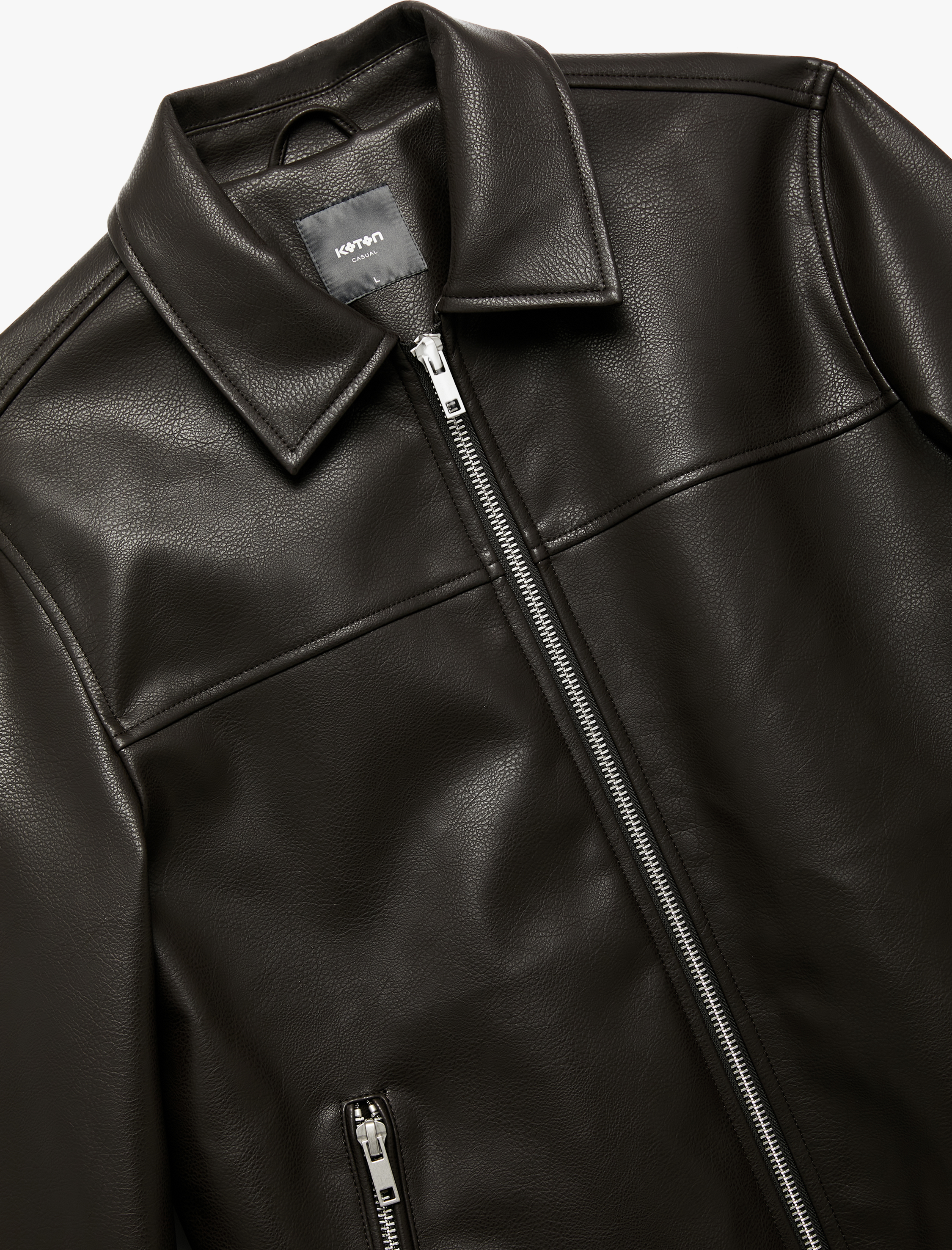   Uzun Kollu Fermuarlı Cep Detaylı Gömlek Yaka Suni Deri Ceket