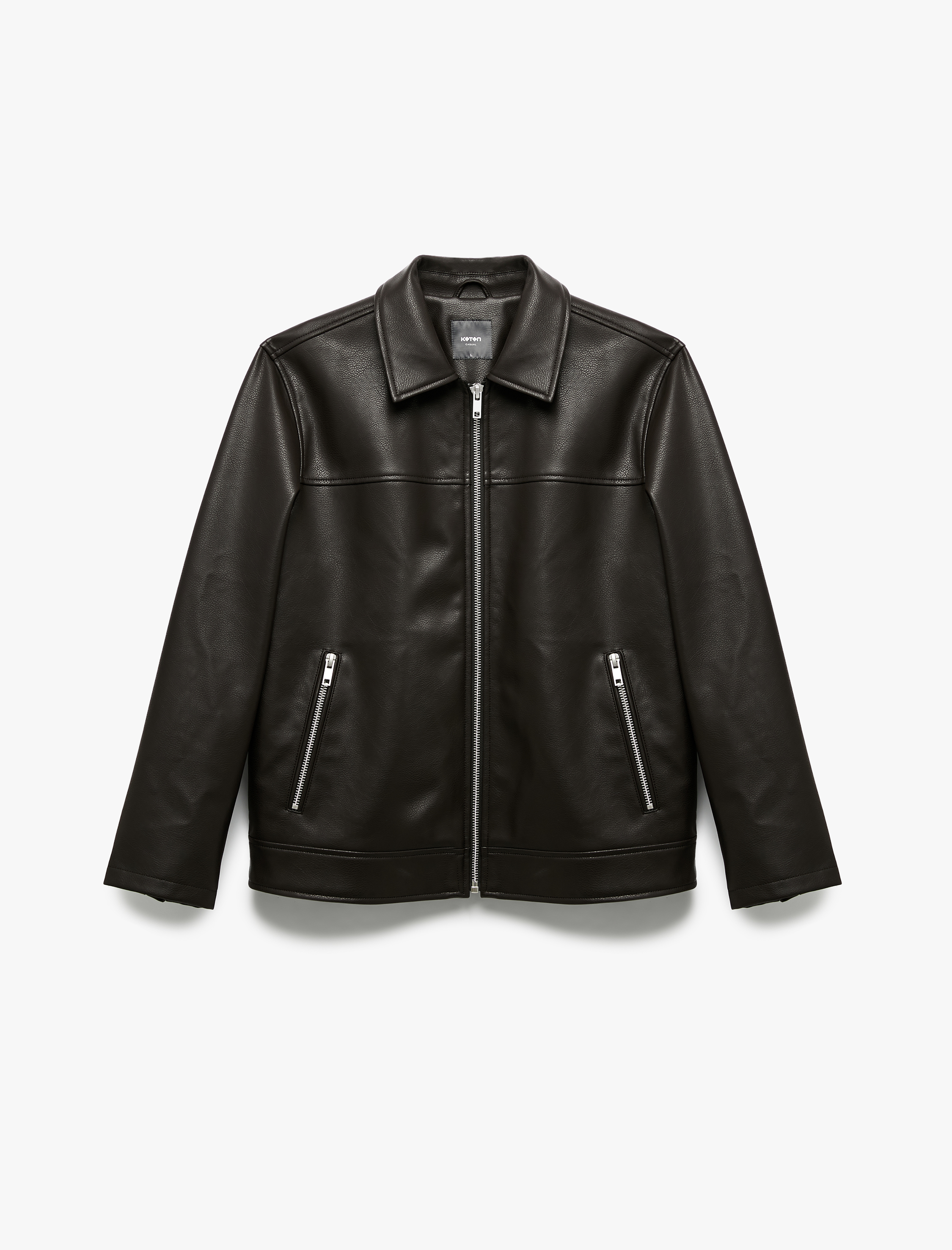   Uzun Kollu Fermuarlı Cep Detaylı Gömlek Yaka Suni Deri Ceket