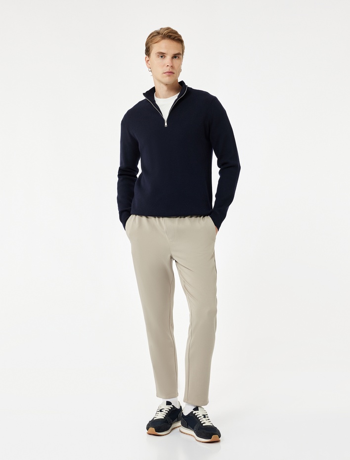  Uzun Kollu Viskon Karışımlı Yarım Fermuarlı Triko Kazak