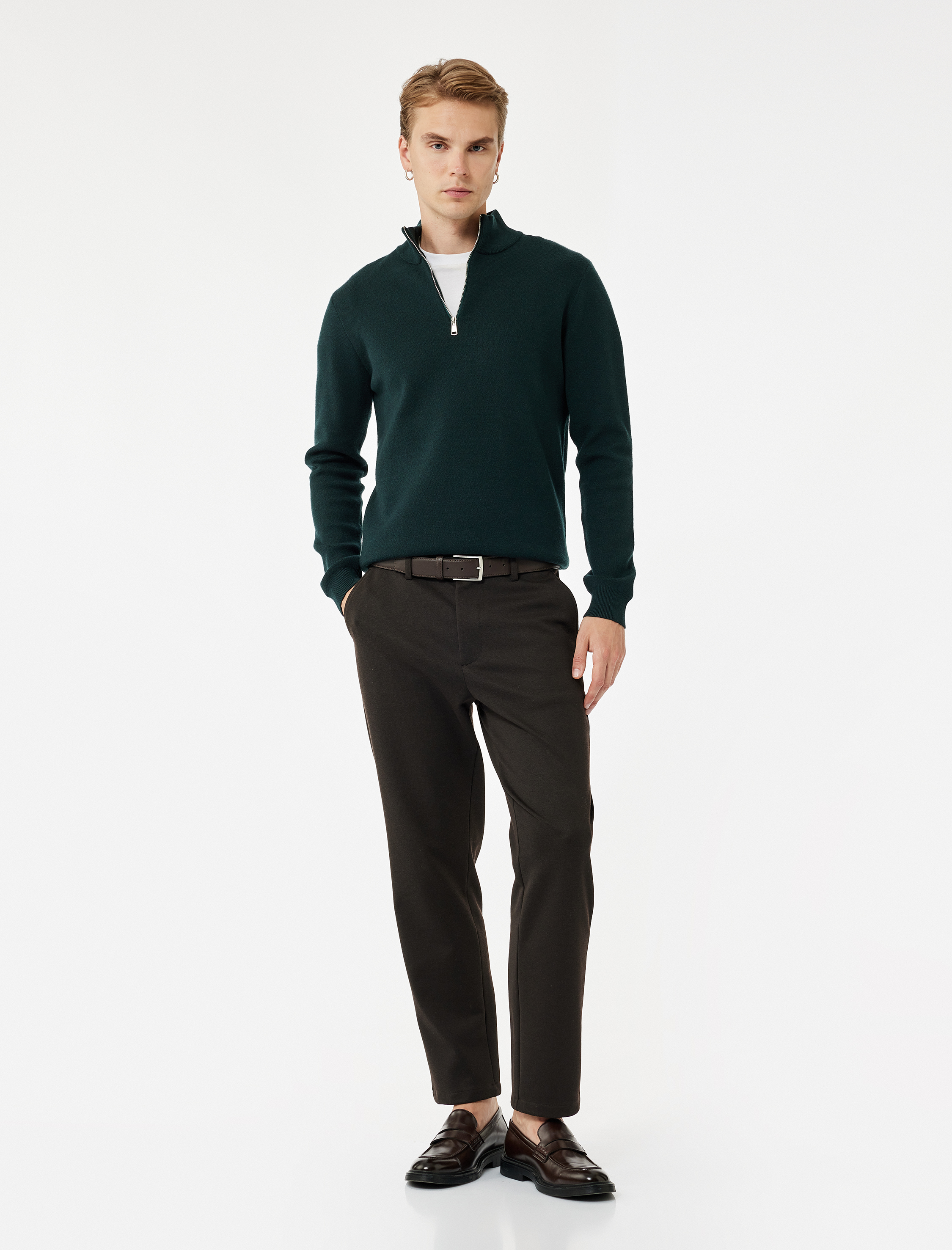   Uzun Kollu Viskon Karışımlı Yarım Fermuarlı Triko Kazak