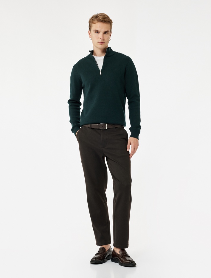  Uzun Kollu Viskon Karışımlı Yarım Fermuarlı Triko Kazak