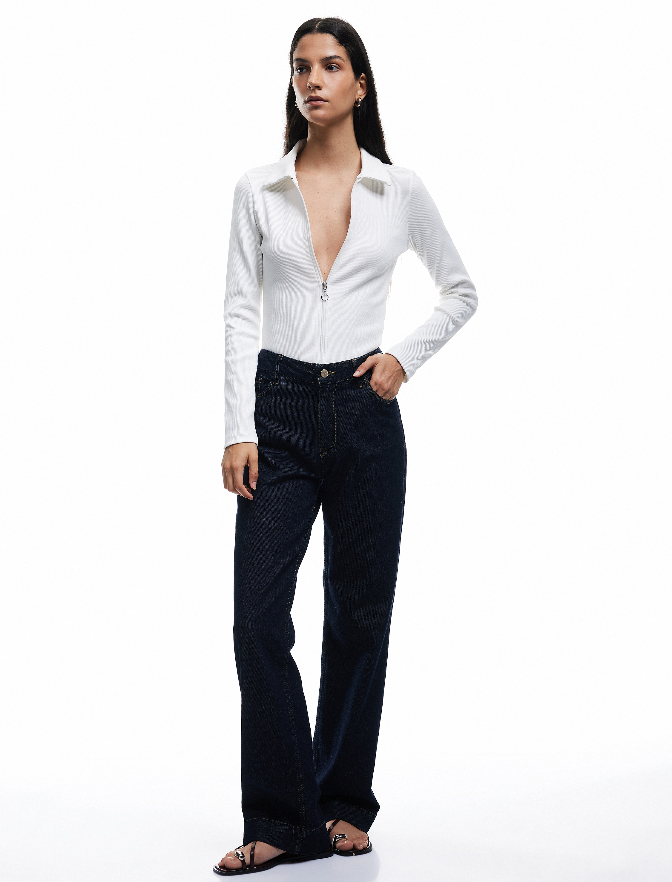   Fermuarlı Slim Fit Gömlek Yaka Kaşkorse Uzun Kollu Tişört