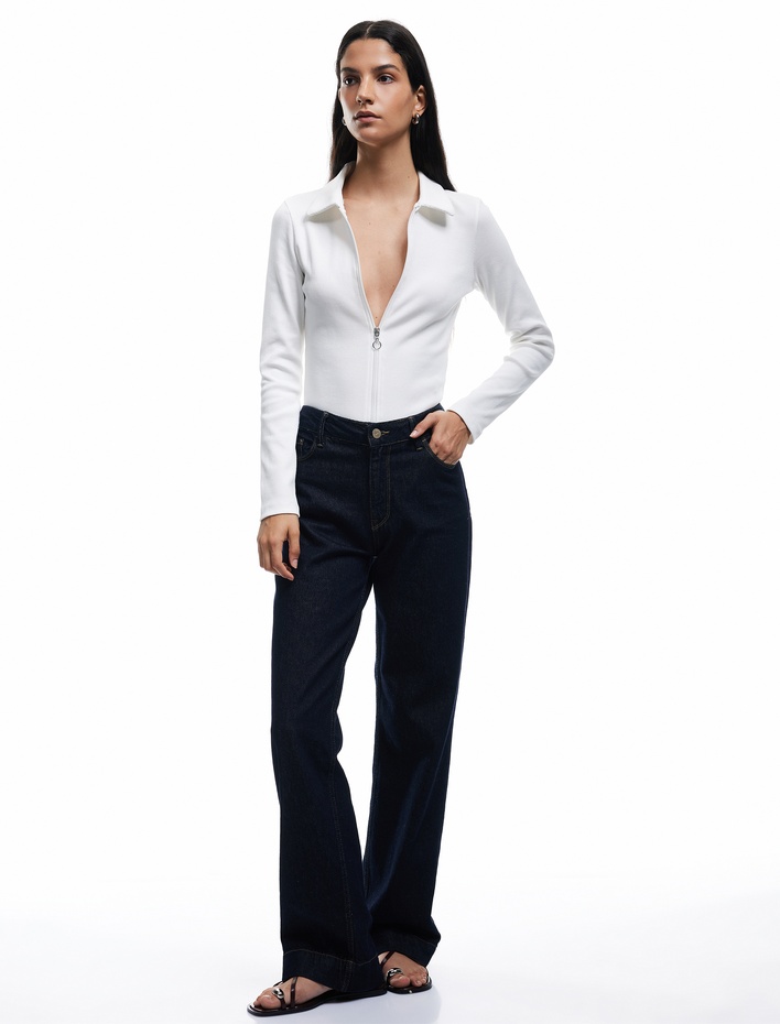  Fermuarlı Slim Fit Gömlek Yaka Kaşkorse Uzun Kollu Tişört