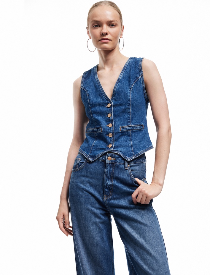  V Yaka Kolsuz Düğmeli Cep Detaylı Denim Yelek
