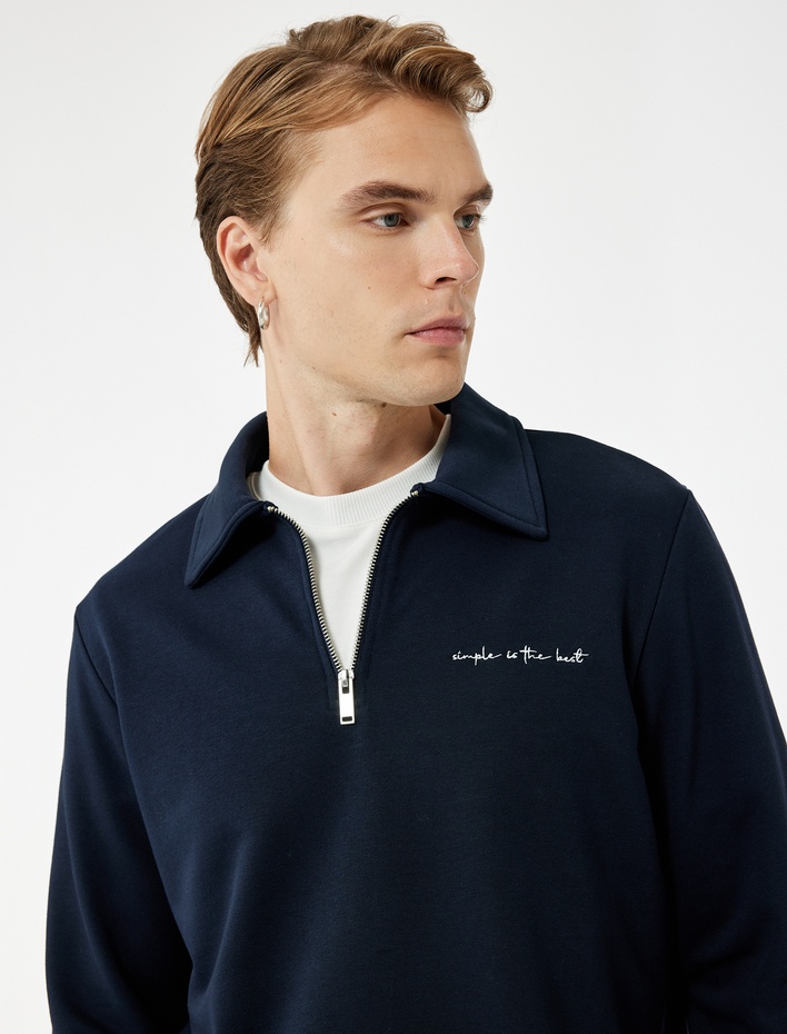 Nakışlı Uzun Kollu Yarım Fermuarlı Polo Yaka Sweatshirt