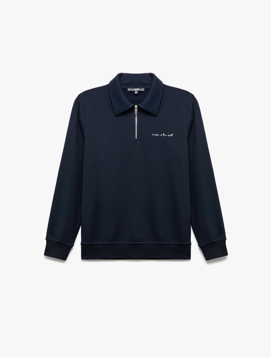   Nakışlı Uzun Kollu Yarım Fermuarlı Polo Yaka Sweatshirt