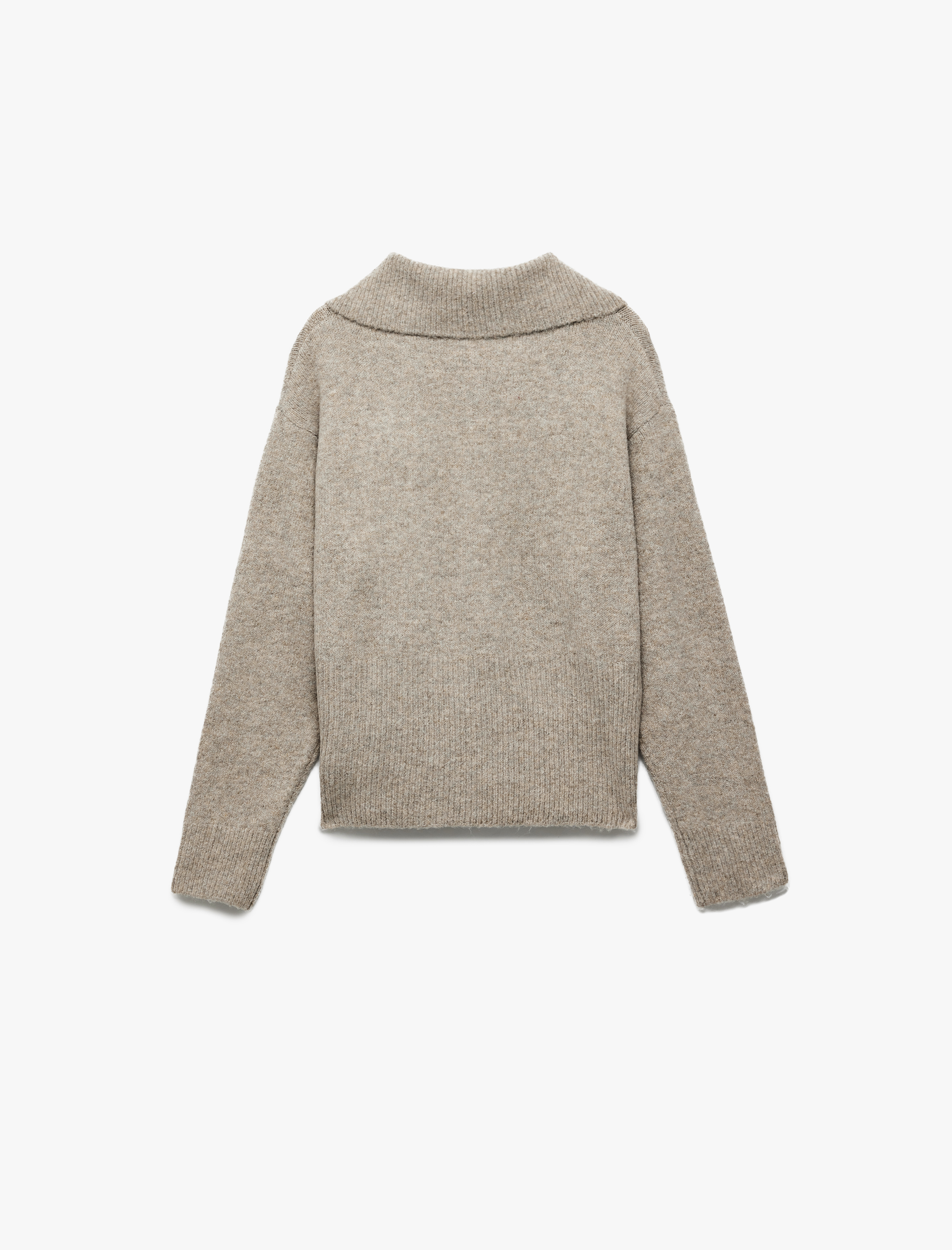   Regular Fit Uzun Kollu Yarım Düğme Detaylı Geniş Polo Yaka Triko Kazak