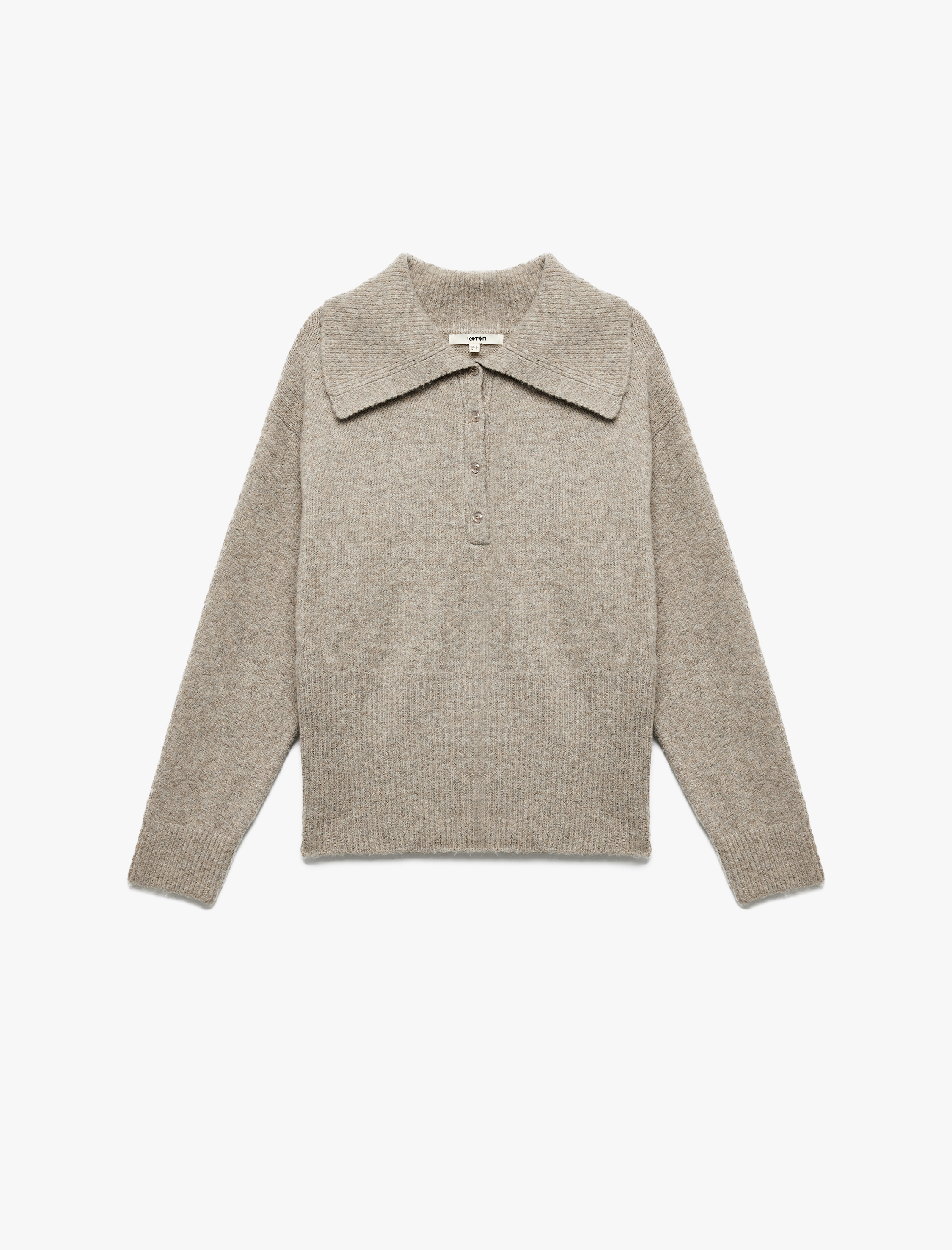   Regular Fit Uzun Kollu Yarım Düğme Detaylı Geniş Polo Yaka Triko Kazak