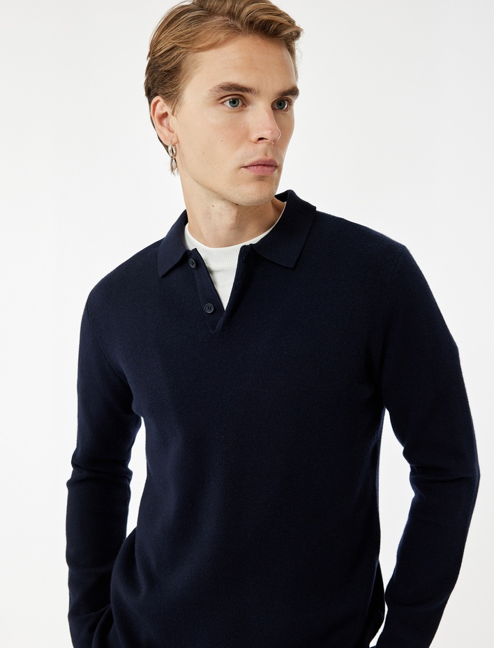  Uzun Kollu Düğmeli Polo Yaka Triko Kazak