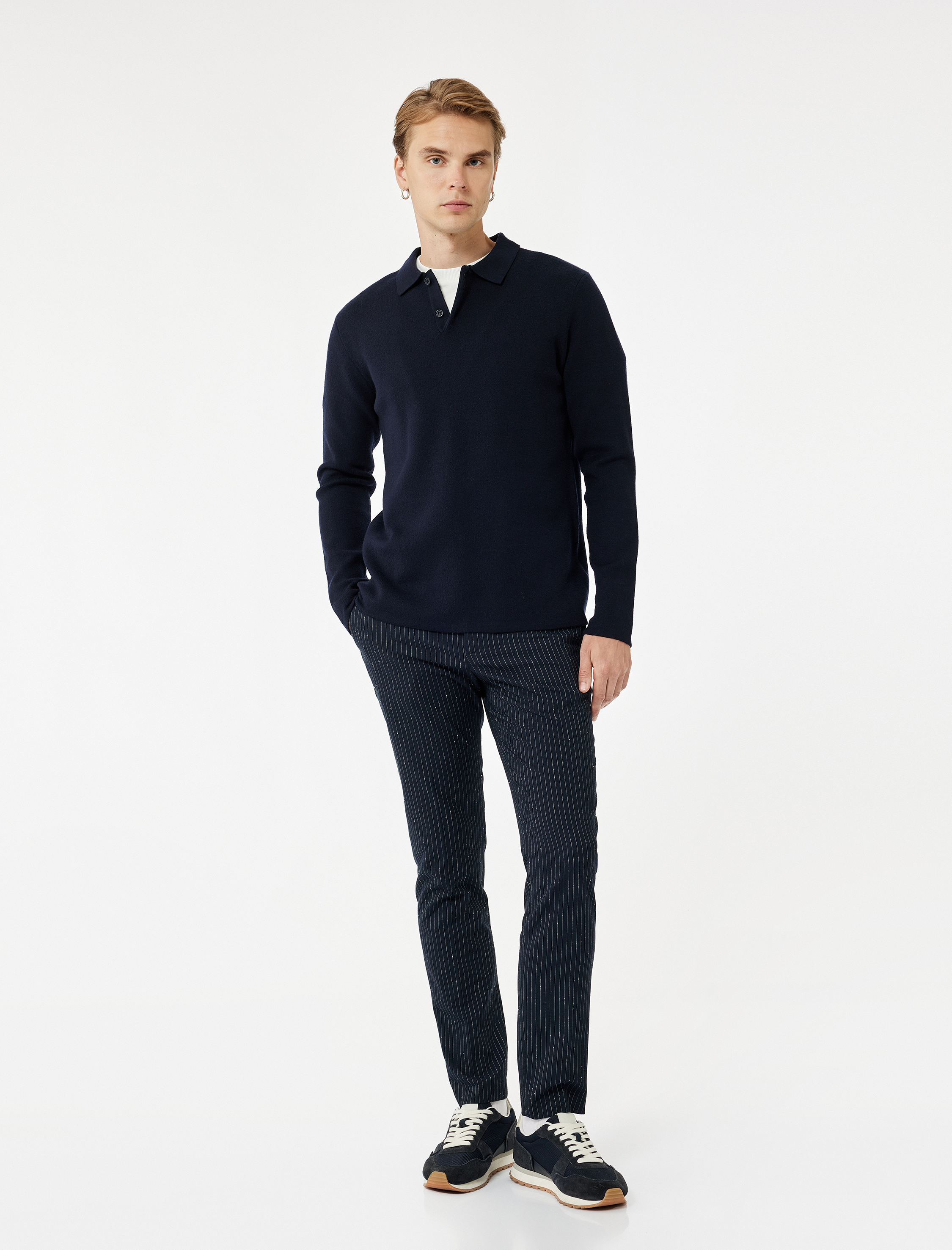   Uzun Kollu Düğmeli Polo Yaka Triko Kazak