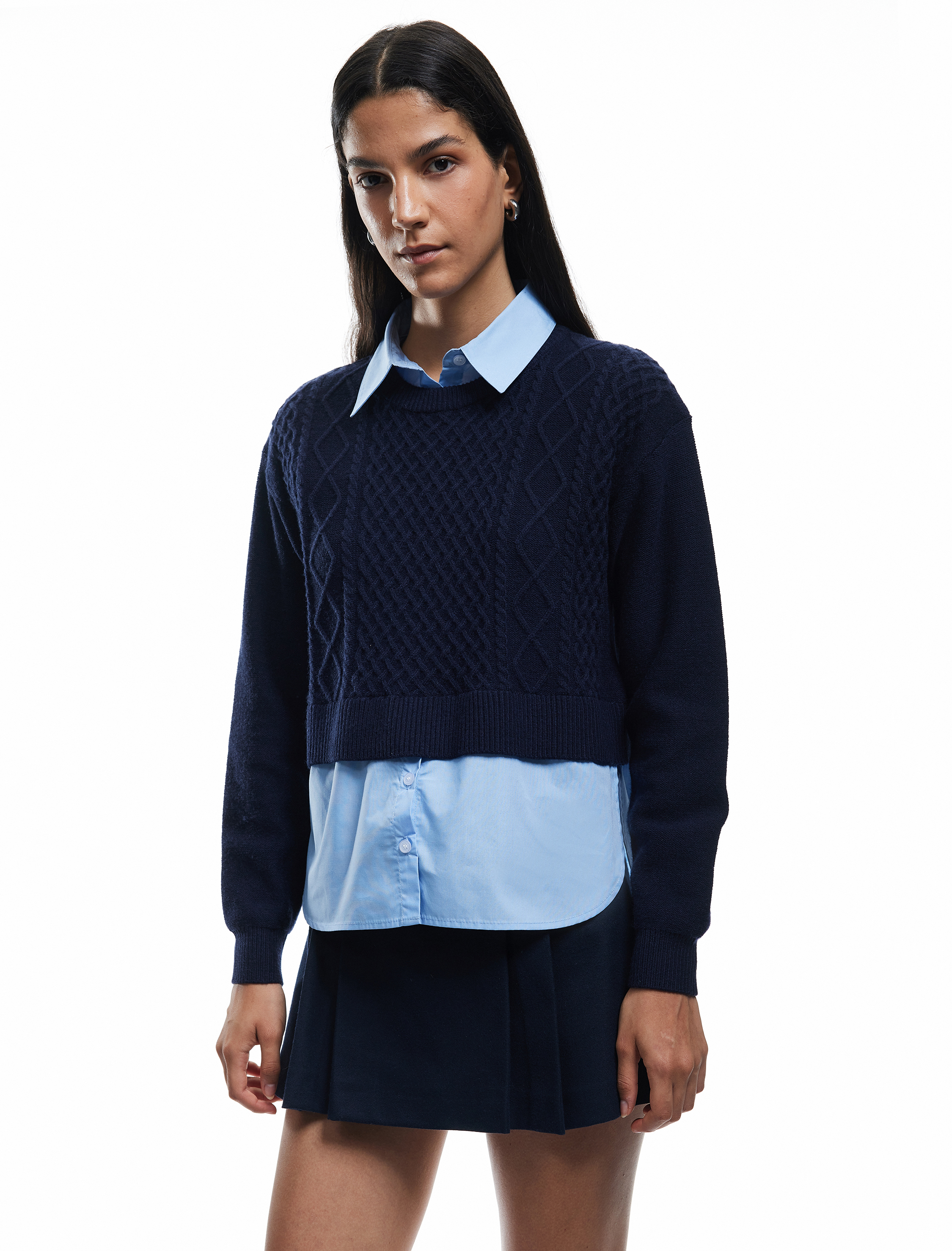   Uzun Kollu Gömlek Yaka Saç Örgü Dokulu Viskon Karışımlı Kazak