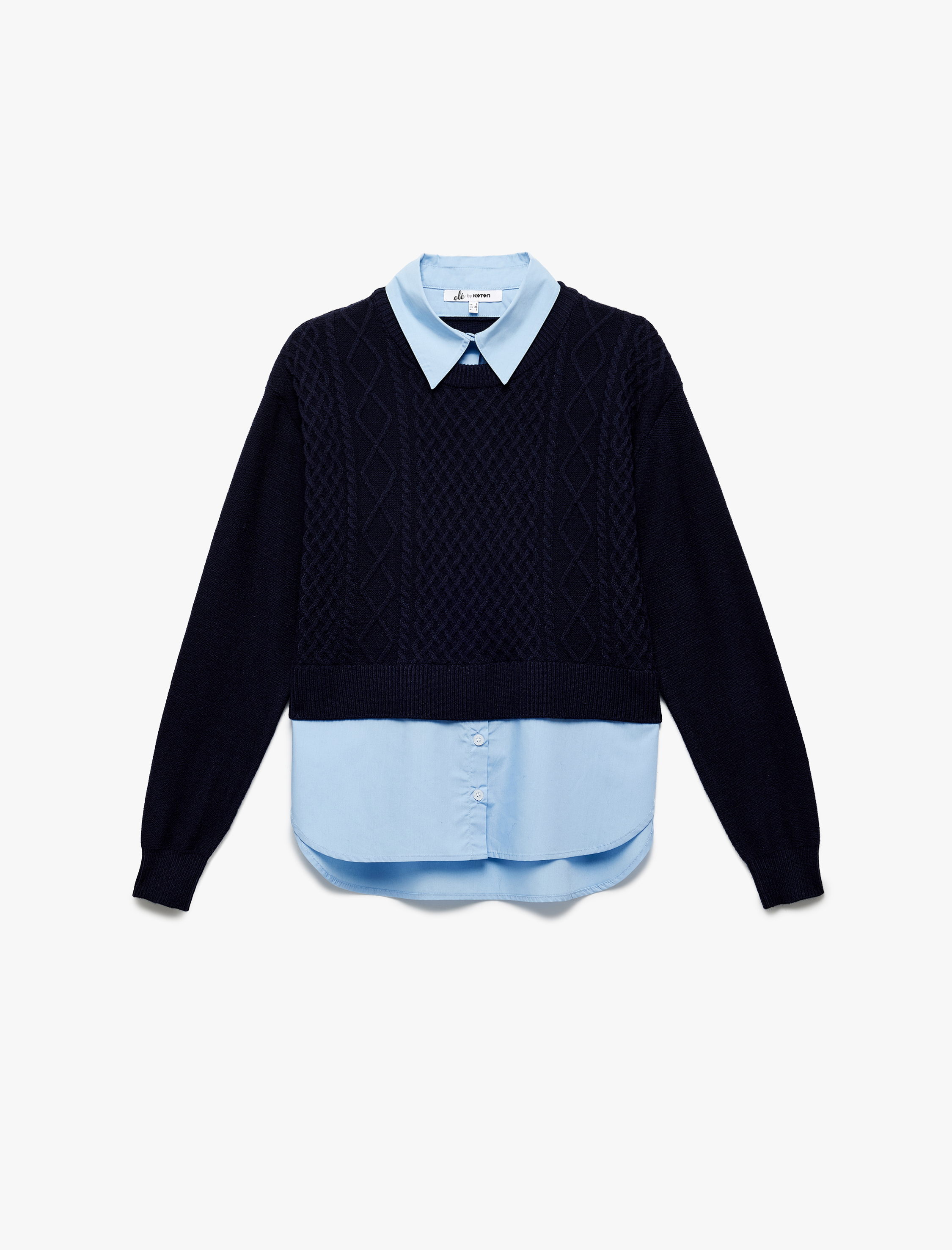   Uzun Kollu Gömlek Yaka Saç Örgü Dokulu Viskon Karışımlı Kazak