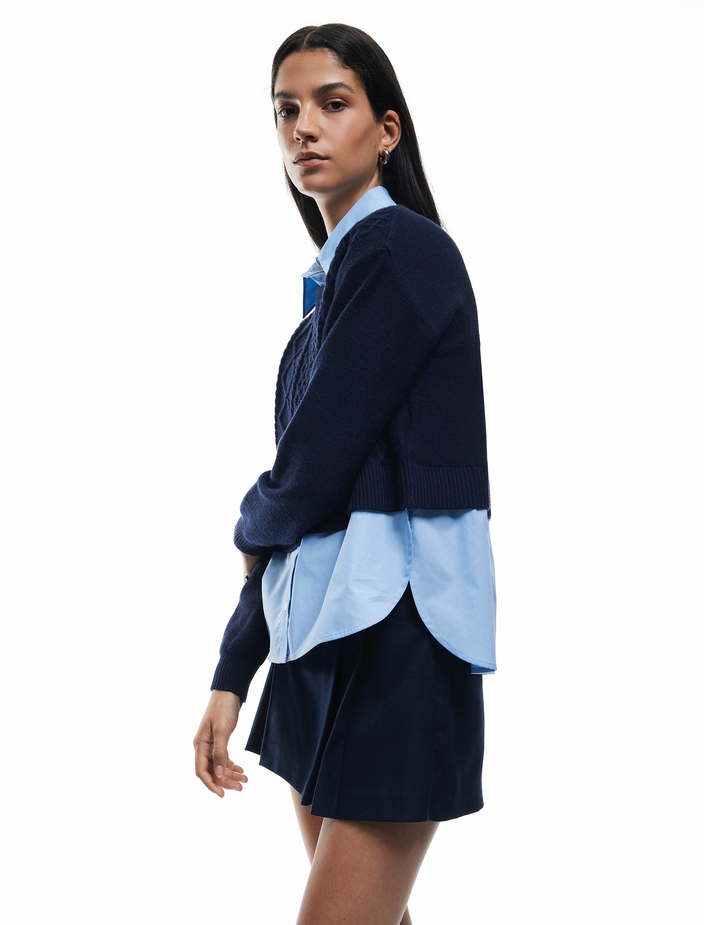   Uzun Kollu Gömlek Yaka Saç Örgü Dokulu Viskon Karışımlı Kazak