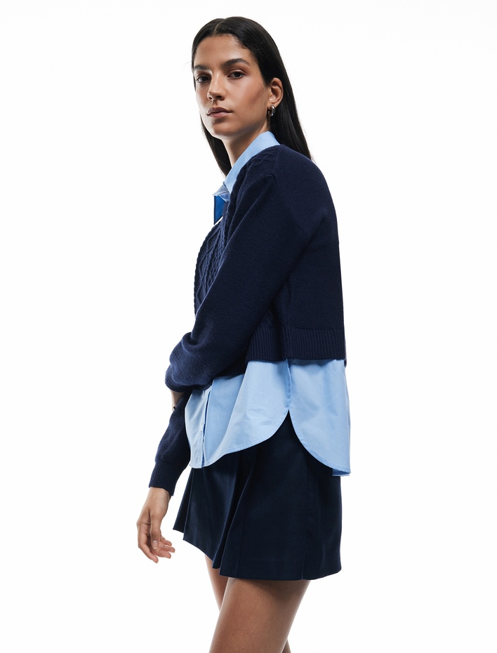  Uzun Kollu Gömlek Yaka Saç Örgü Dokulu Viskon Karışımlı Kazak