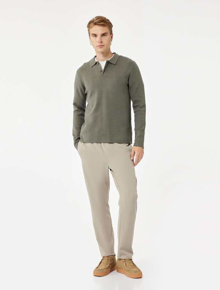  Uzun Kollu Düğmeli Polo Yaka Triko Kazak