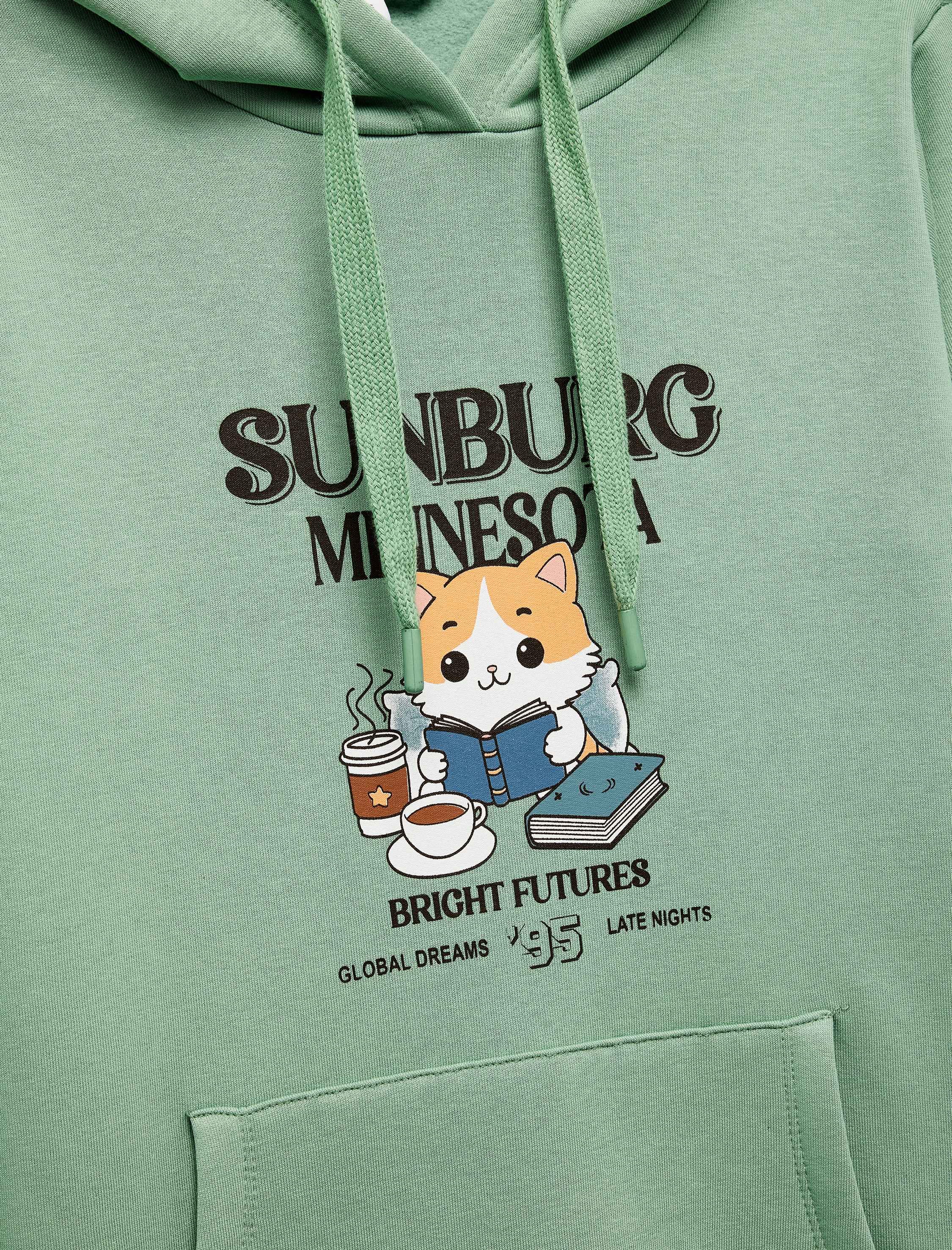   Kanguru Cep Detaylı Şardonlu Kedi Baskılı Kapüşonlu Sweatshirt