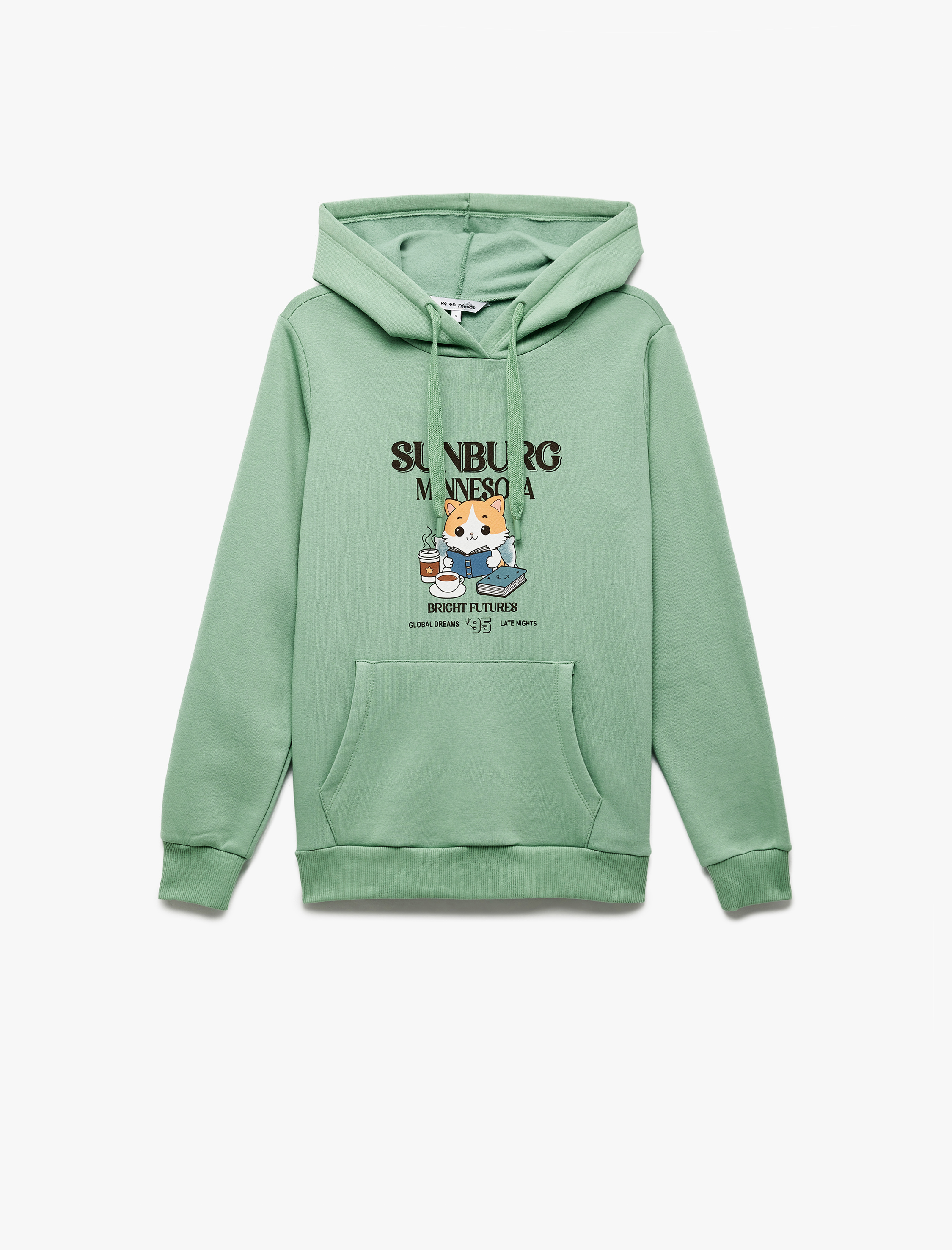   Kanguru Cep Detaylı Şardonlu Kedi Baskılı Kapüşonlu Sweatshirt