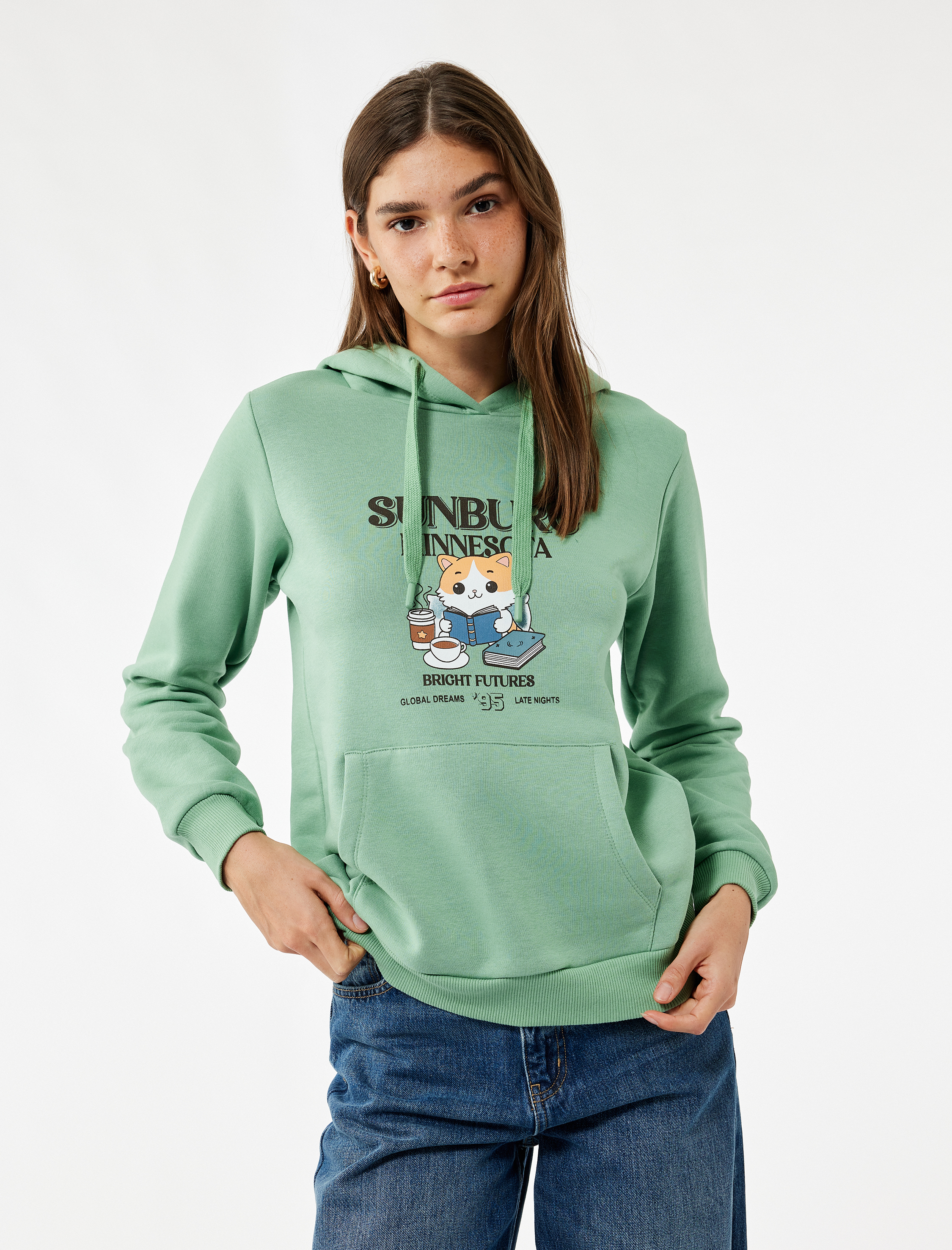   Kanguru Cep Detaylı Şardonlu Kedi Baskılı Kapüşonlu Sweatshirt