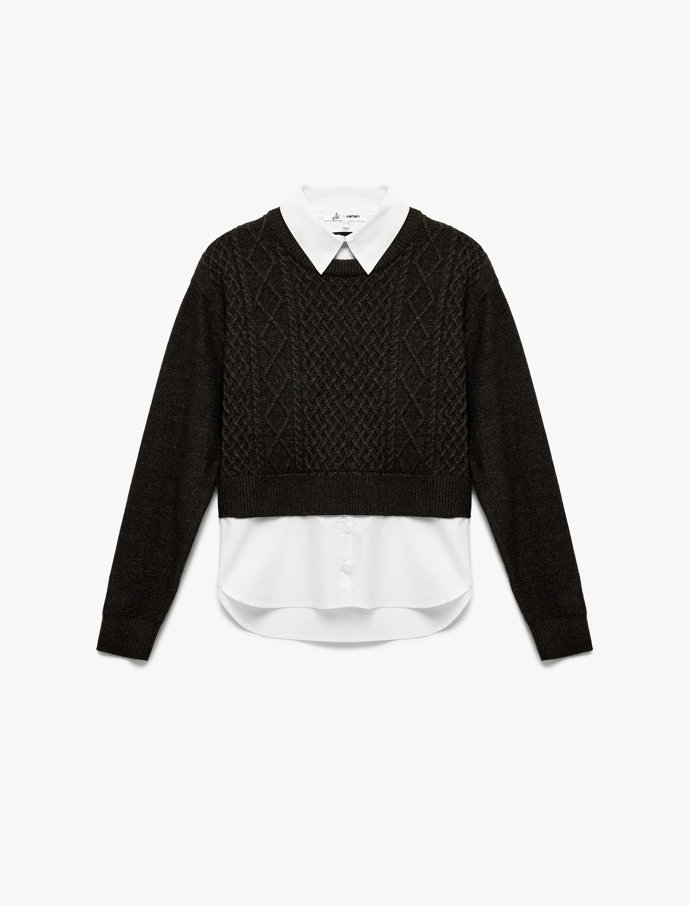   Uzun Kollu Gömlek Yaka Saç Örgü Dokulu Viskon Karışımlı Kazak